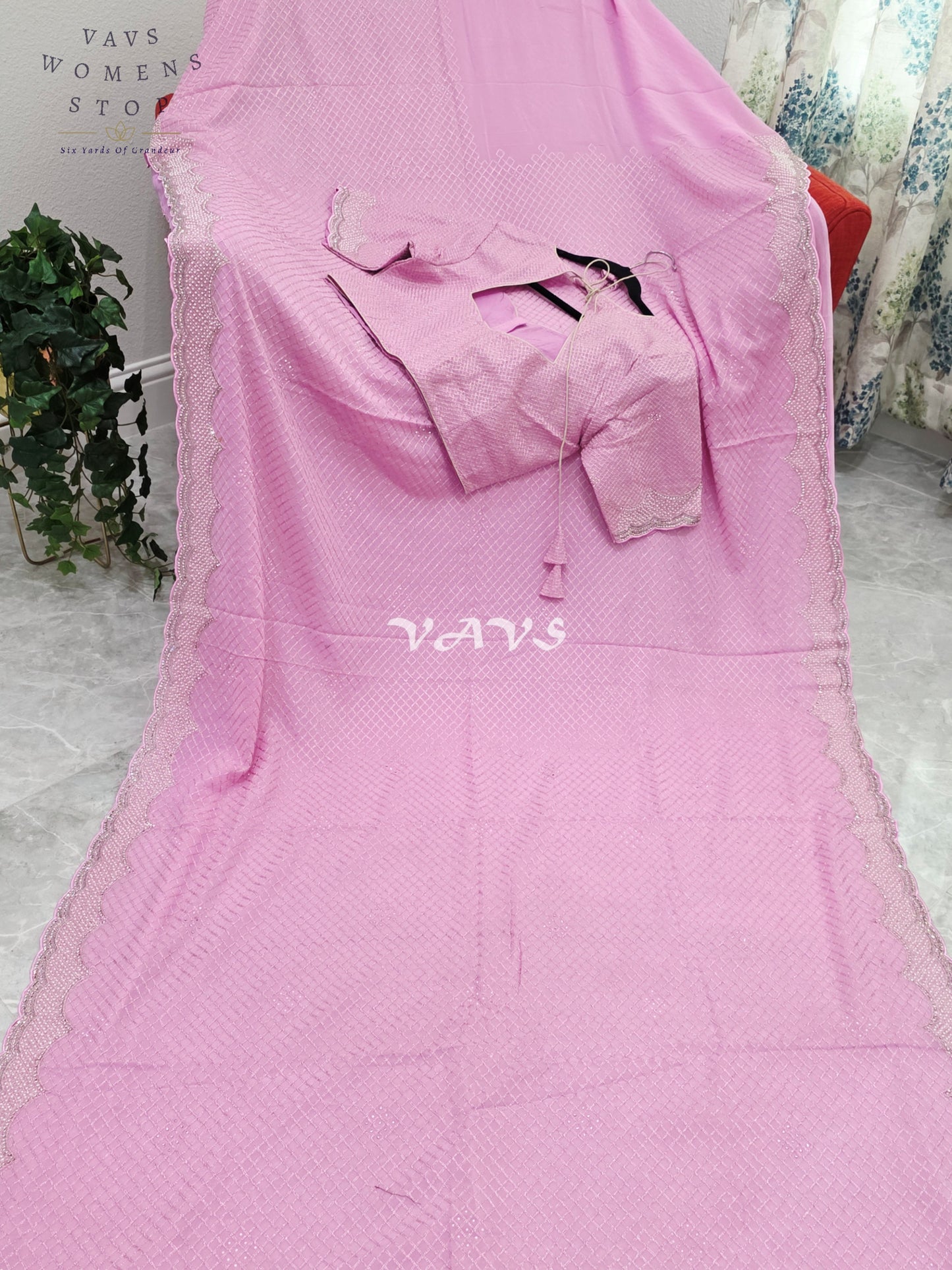 Royal Lavender Blush Pink Pearl-Embellished Georgette Cocktail Saree with Silver Scalloped Border & Stitched Blouse Size 38–44