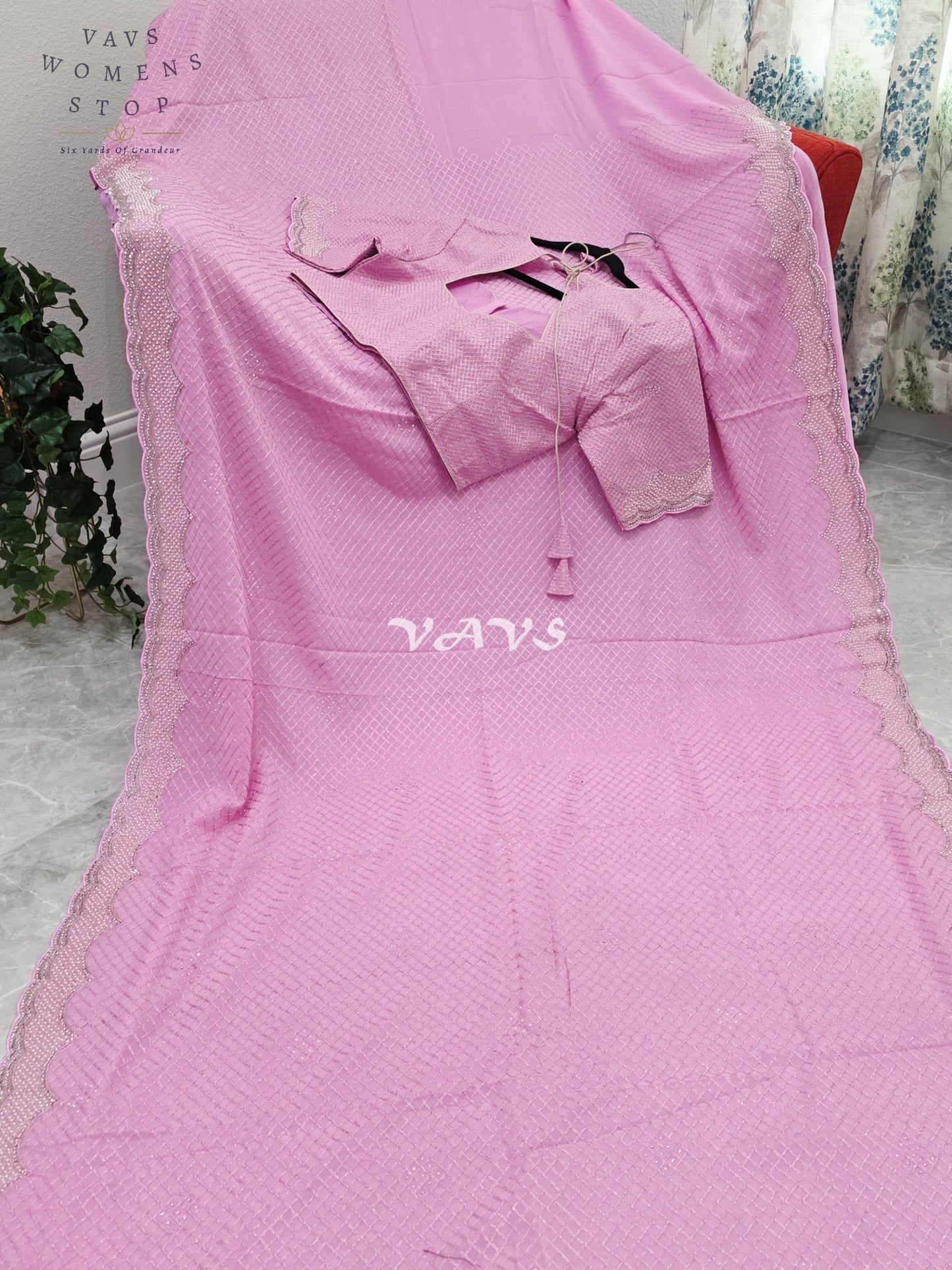 Royal Lavender Blush Pink Pearl-Embellished Georgette Cocktail Saree with Silver Scalloped Border & Stitched Blouse Size 38–44