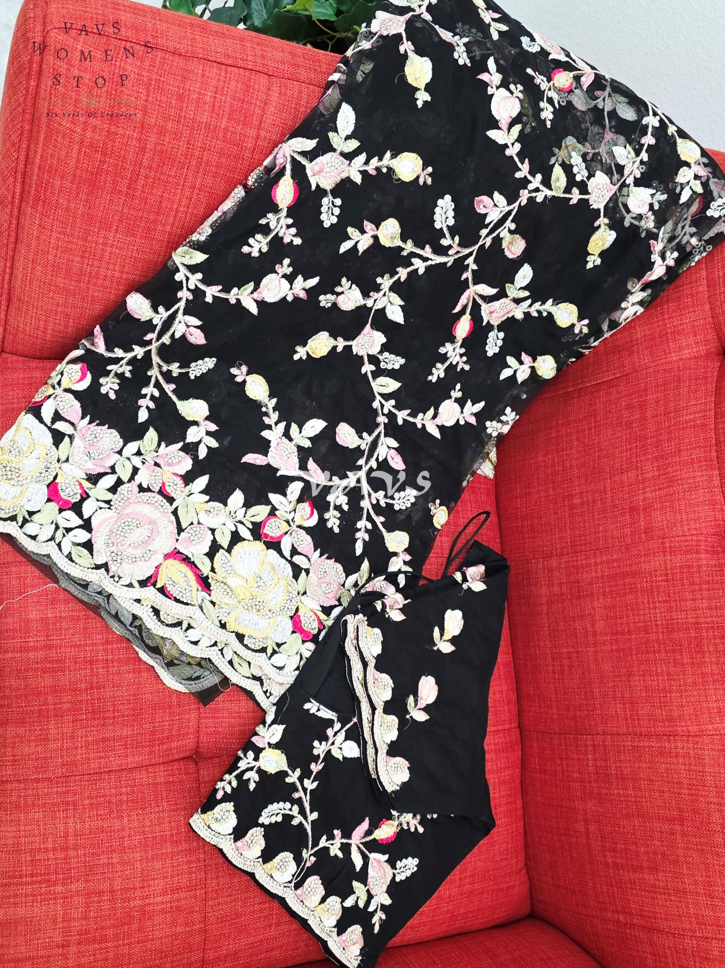 Royal Onyx Black Soft Net Cocktail Saree with Pastel Floral Embroidery, Crystal Stonework & Stitched Blouse