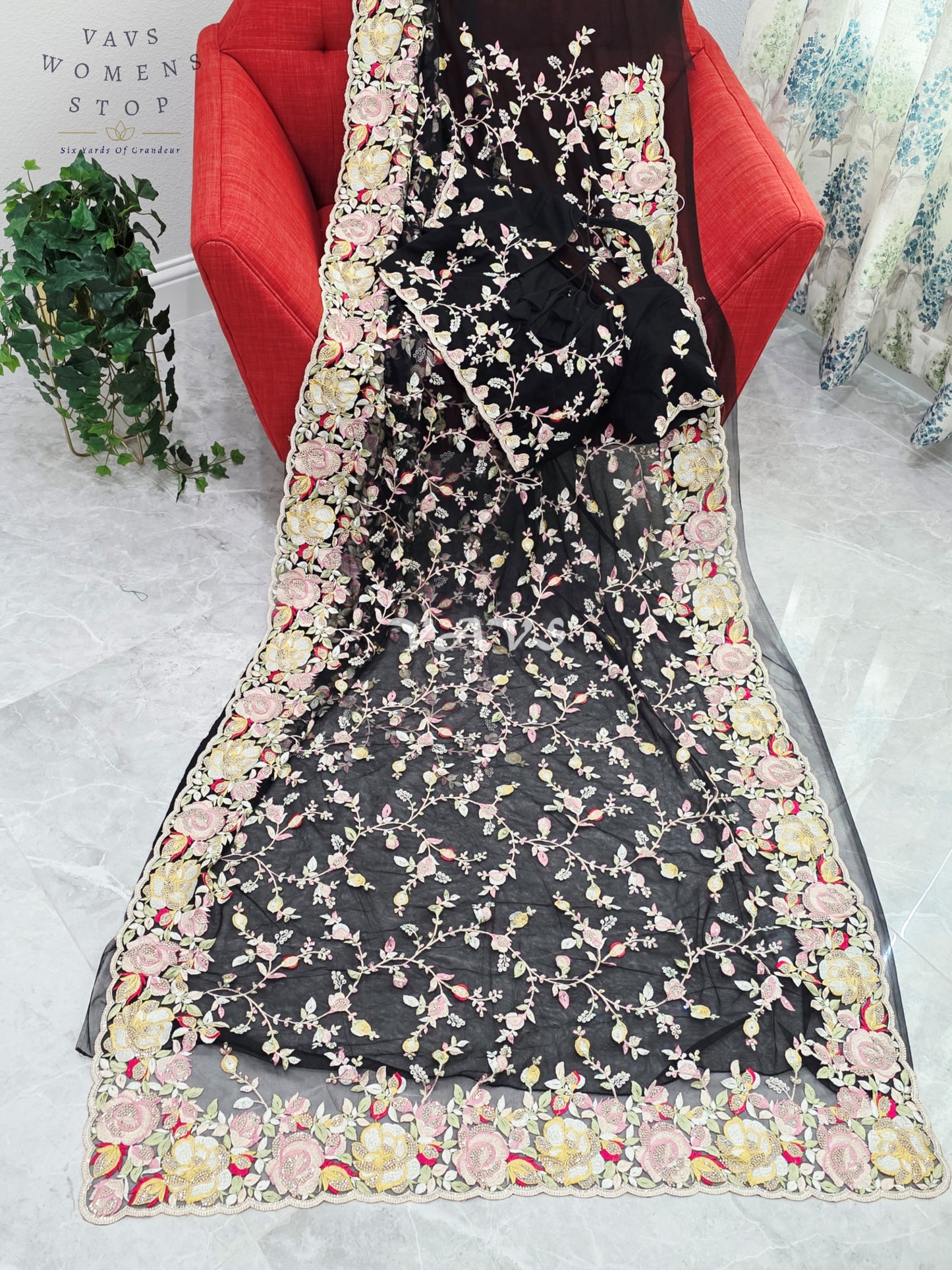 Royal Onyx Black Soft Net Cocktail Saree with Pastel Floral Embroidery, Crystal Stonework & Stitched Blouse