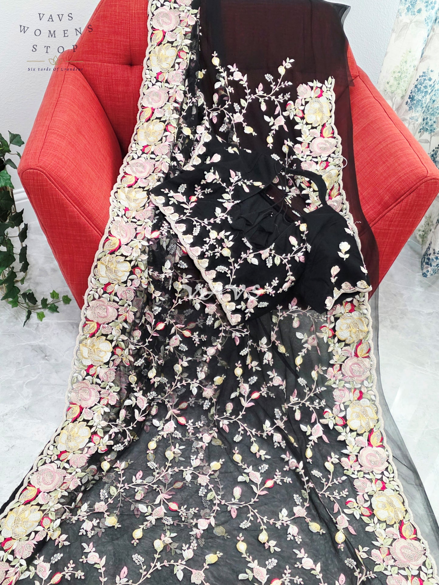 Royal Onyx Black Soft Net Cocktail Saree with Pastel Floral Embroidery, Crystal Stonework & Stitched Blouse
