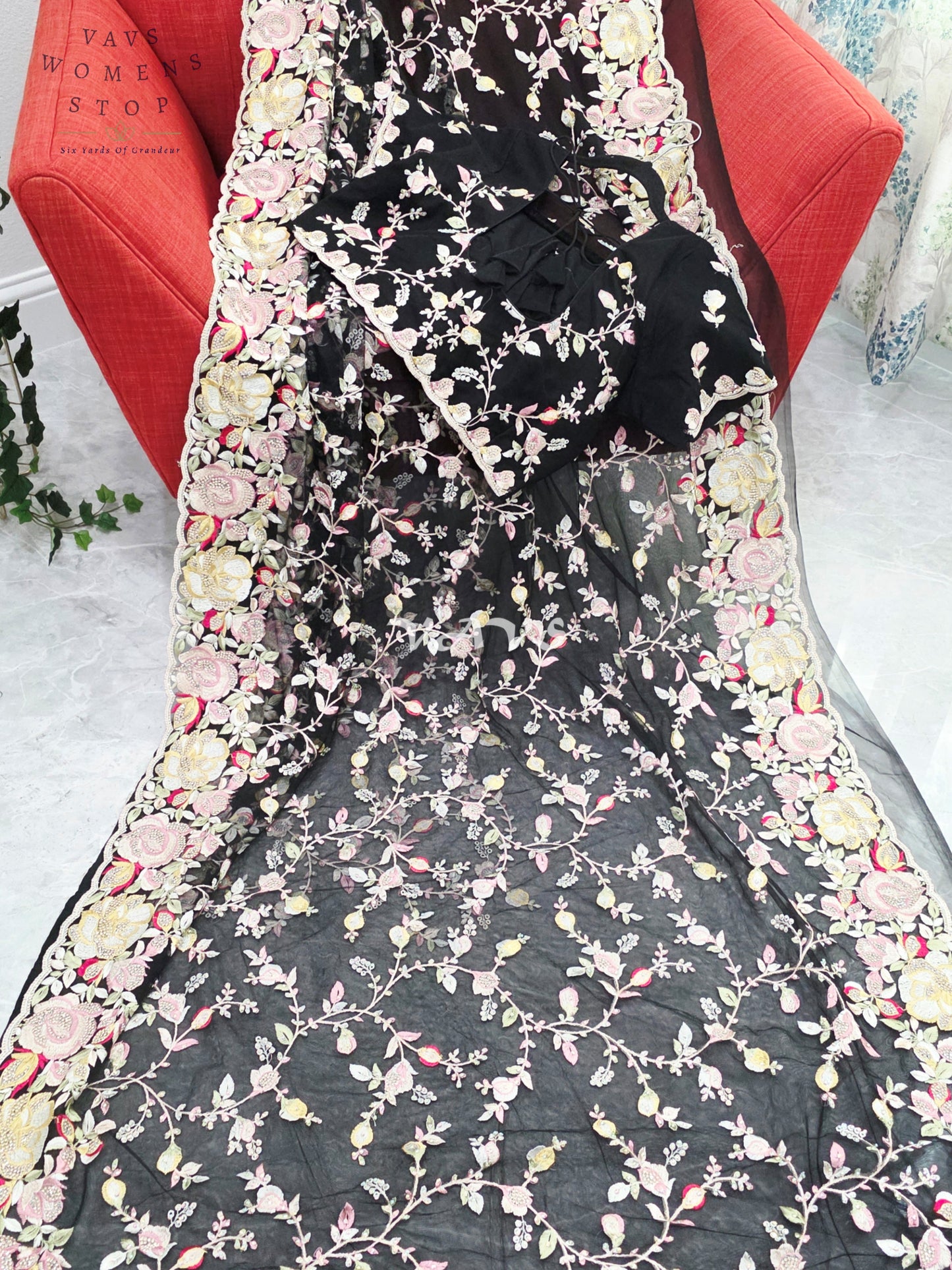 Royal Onyx Black Soft Net Cocktail Saree with Pastel Floral Embroidery, Crystal Stonework & Stitched Blouse