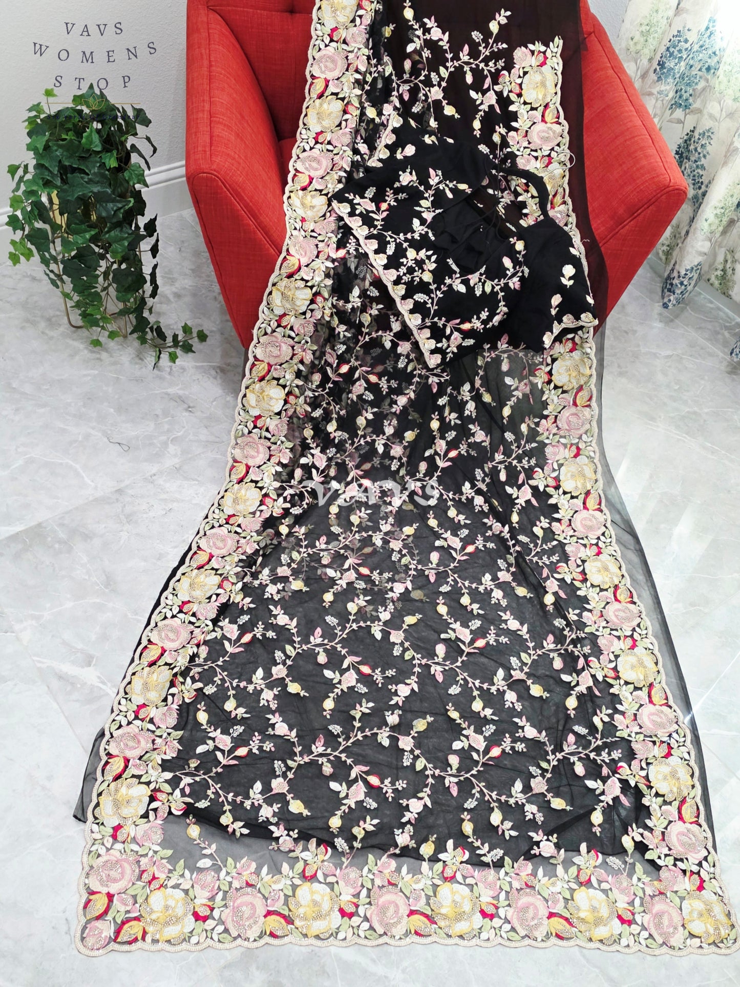 Royal Onyx Black Soft Net Cocktail Saree with Pastel Floral Embroidery, Crystal Stonework & Stitched Blouse