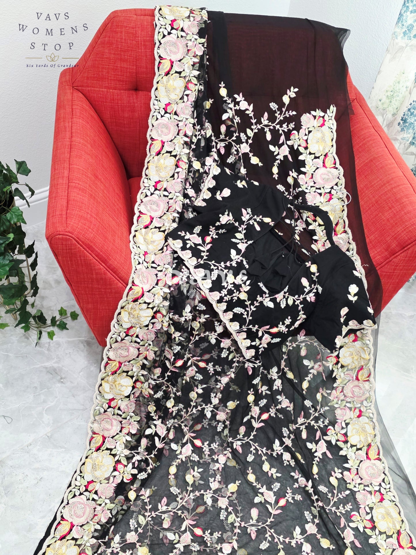 Royal Onyx Black Soft Net Cocktail Saree with Pastel Floral Embroidery, Crystal Stonework & Stitched Blouse