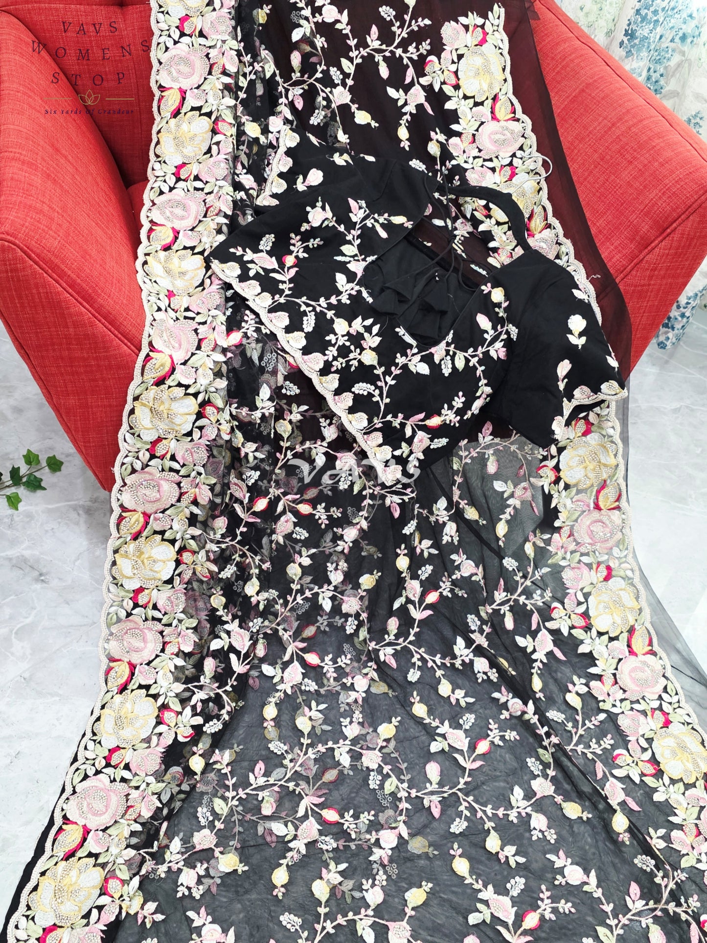 Royal Onyx Black Soft Net Cocktail Saree with Pastel Floral Embroidery, Crystal Stonework & Stitched Blouse
