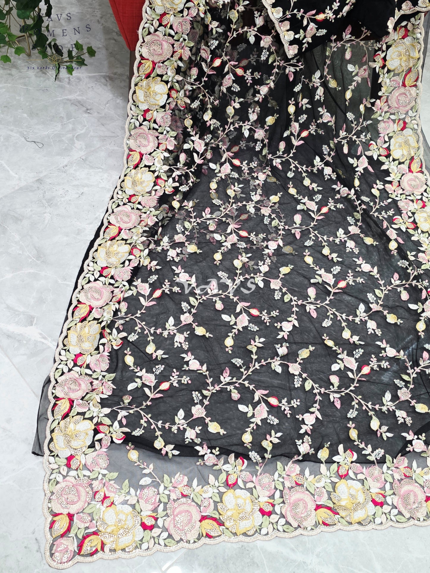 Royal Onyx Black Soft Net Cocktail Saree with Pastel Floral Embroidery, Crystal Stonework & Stitched Blouse