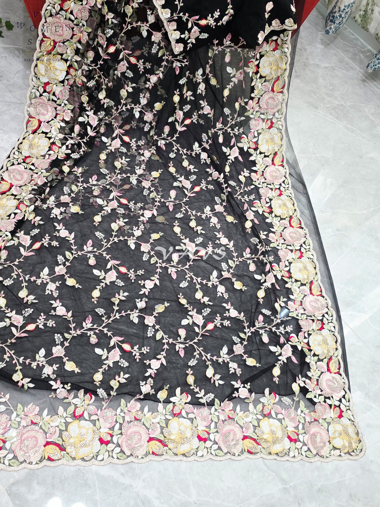 Royal Onyx Black Soft Net Cocktail Saree with Pastel Floral Embroidery, Crystal Stonework & Stitched Blouse