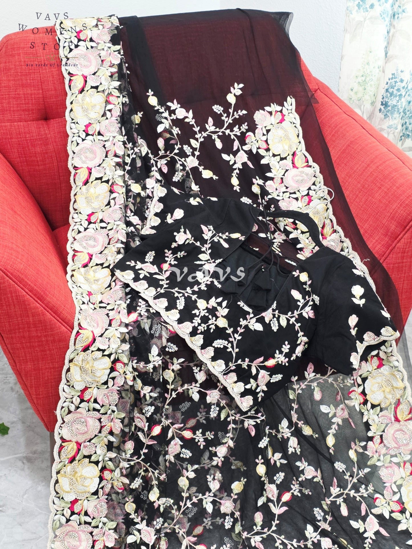 Royal Onyx Black Soft Net Cocktail Saree with Pastel Floral Embroidery, Crystal Stonework & Stitched Blouse