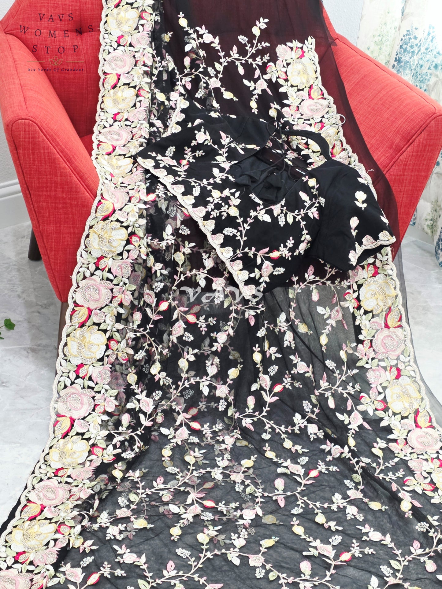 Royal Onyx Black Soft Net Cocktail Saree with Pastel Floral Embroidery, Crystal Stonework & Stitched Blouse