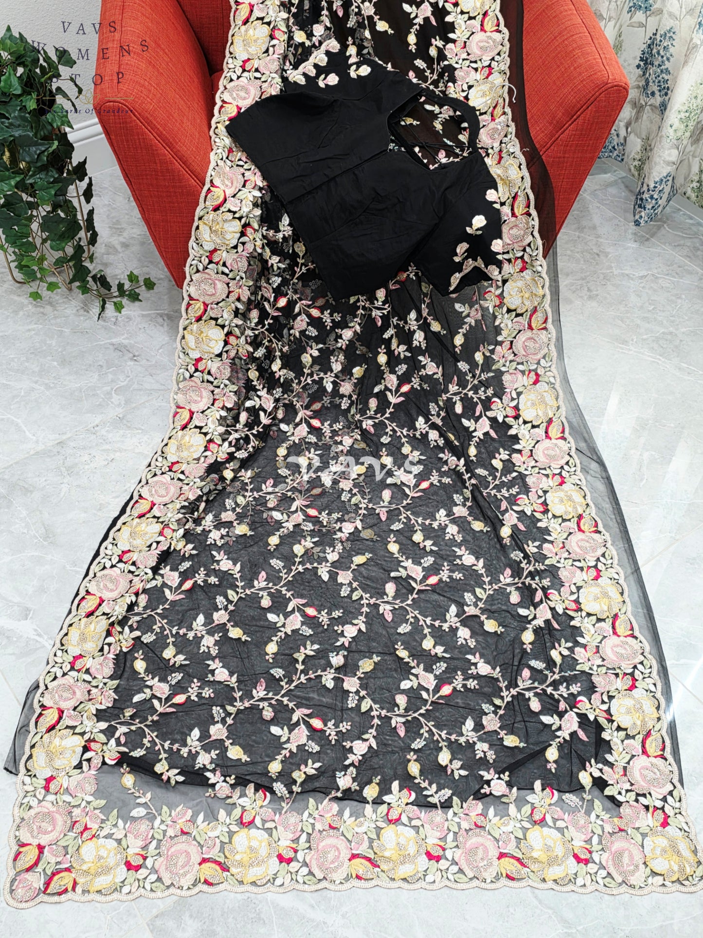 Royal Onyx Black Soft Net Cocktail Saree with Pastel Floral Embroidery, Crystal Stonework & Stitched Blouse