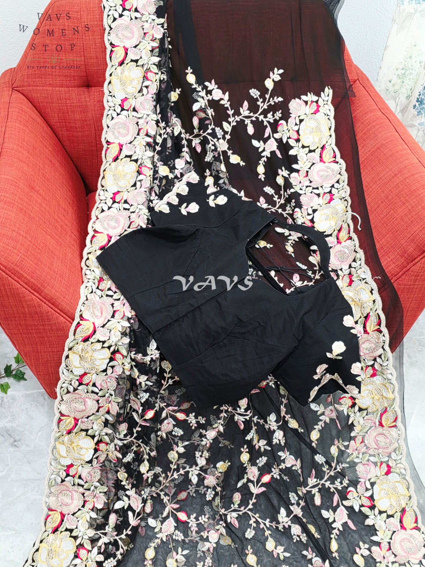 Royal Onyx Black Soft Net Cocktail Saree with Pastel Floral Embroidery, Crystal Stonework & Stitched Blouse