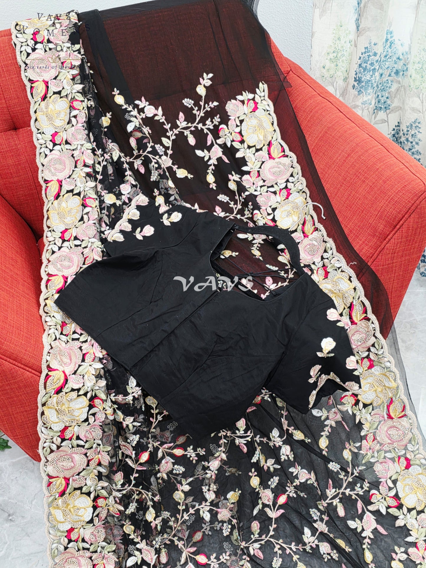 Royal Onyx Black Soft Net Cocktail Saree with Pastel Floral Embroidery, Crystal Stonework & Stitched Blouse