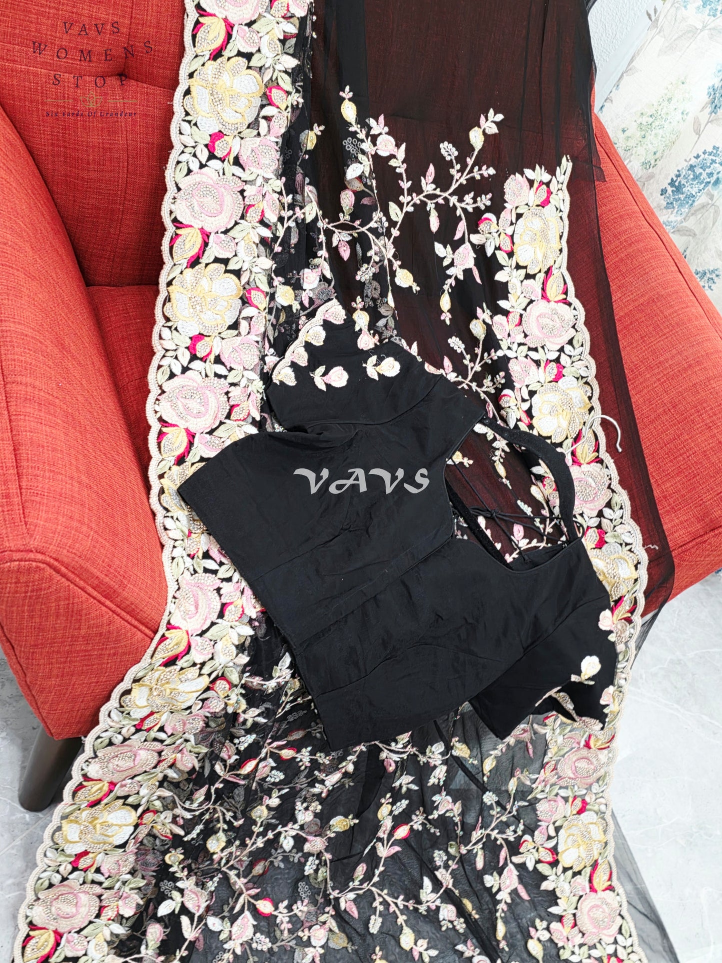 Royal Onyx Black Soft Net Cocktail Saree with Pastel Floral Embroidery, Crystal Stonework & Stitched Blouse