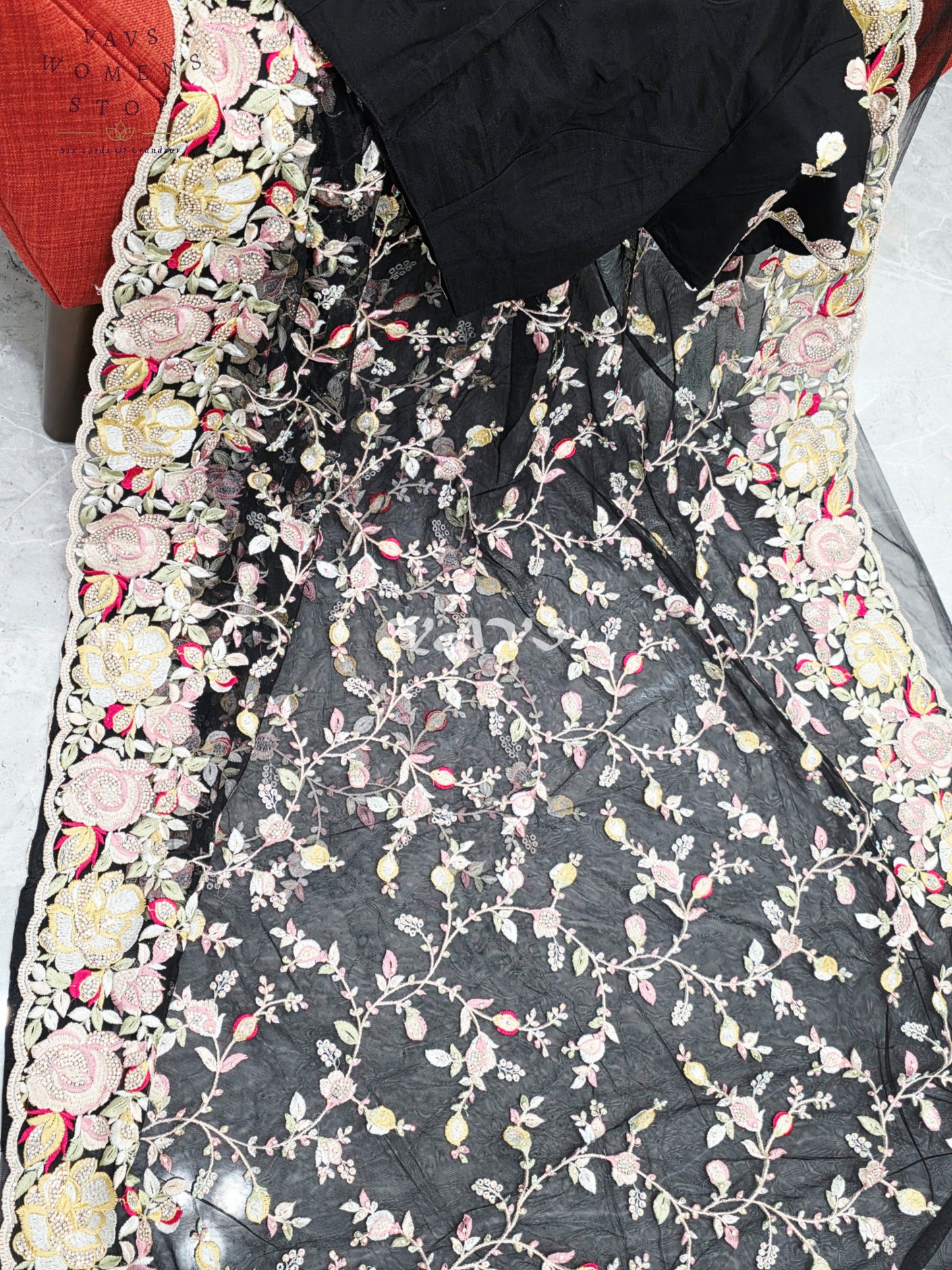 Royal Onyx Black Soft Net Cocktail Saree with Pastel Floral Embroidery, Crystal Stonework & Stitched Blouse