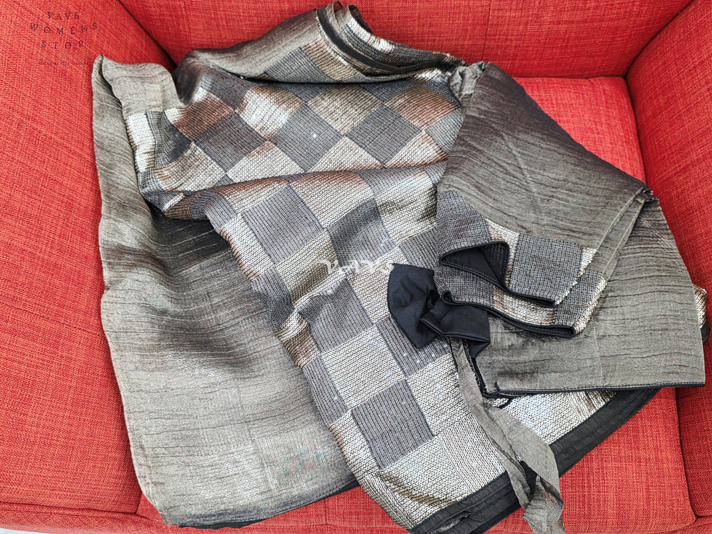 Royal Metallic Black Premium Tissue Checkered Sequins Saree with Designer Stitched Blouse