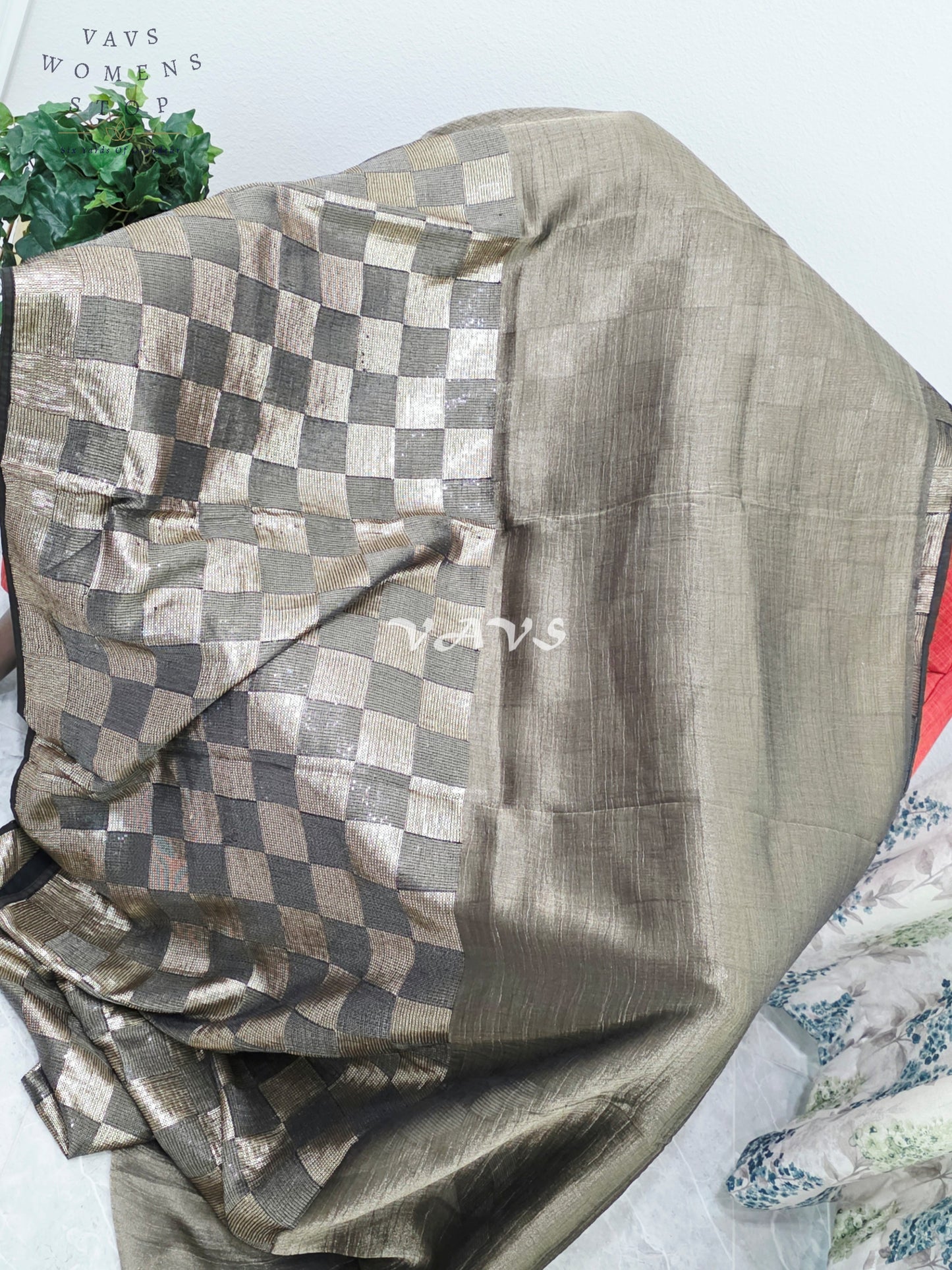 Royal Metallic Black Premium Tissue Checkered Sequins Saree with Designer Stitched Blouse