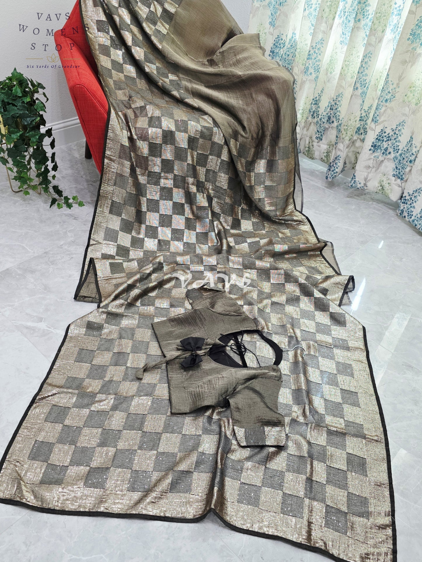Royal Metallic Black Premium Tissue Checkered Sequins Saree with Designer Stitched Blouse