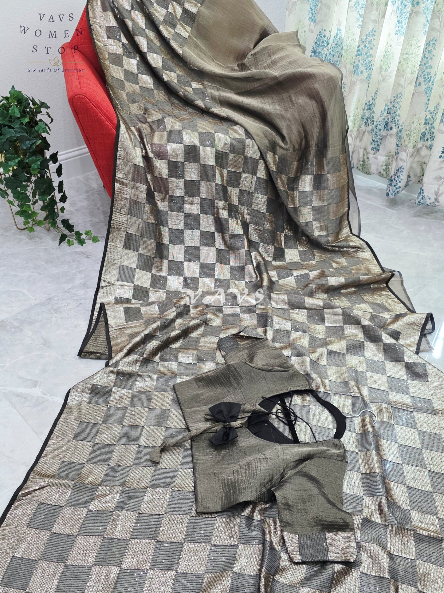 Royal Metallic Black Premium Tissue Checkered Sequins Saree with Designer Stitched Blouse