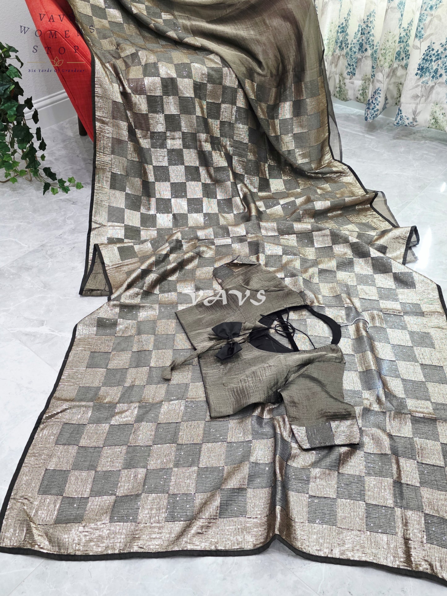 Royal Metallic Black Premium Tissue Checkered Sequins Saree with Designer Stitched Blouse