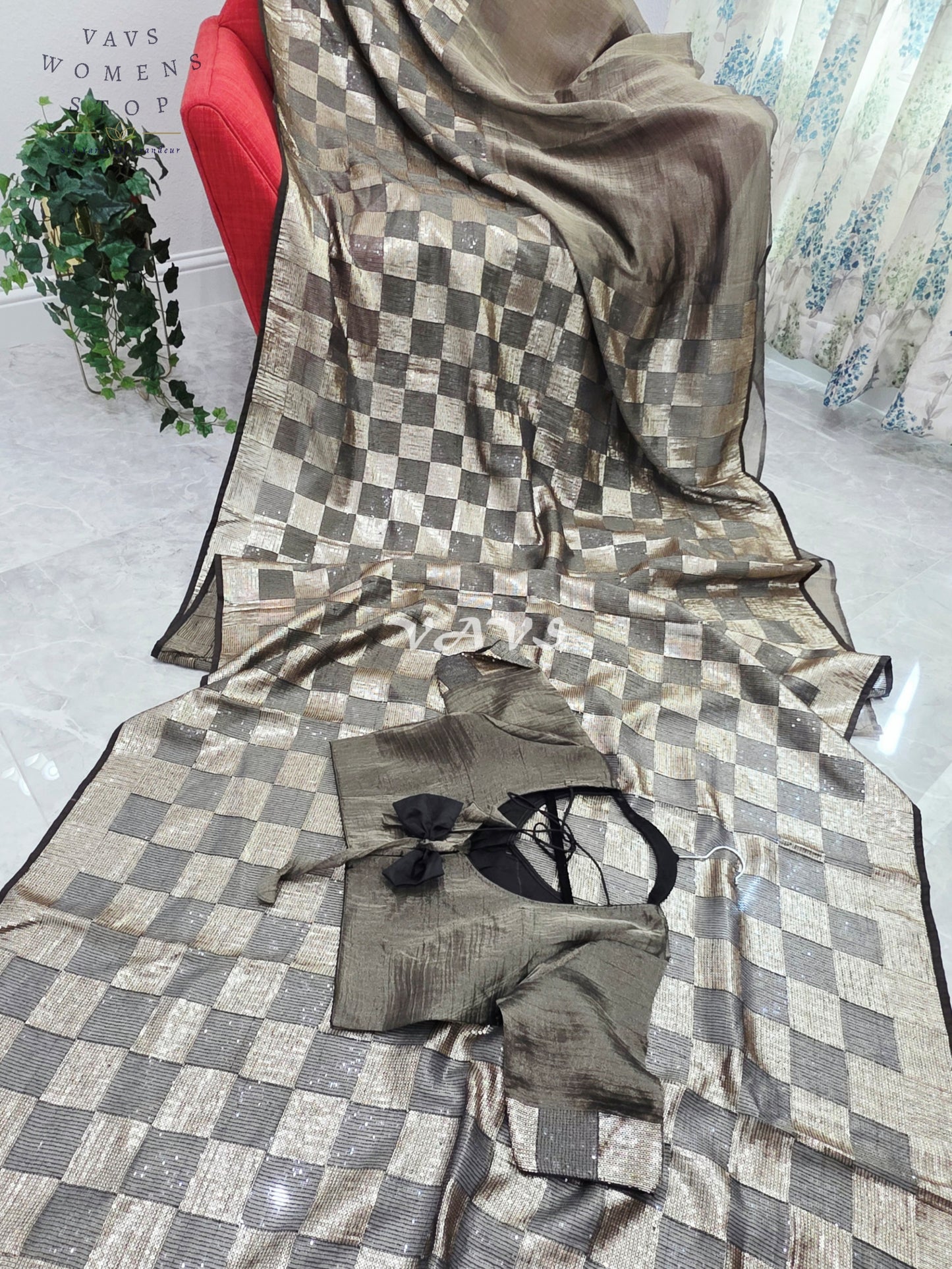 Royal Metallic Black Premium Tissue Checkered Sequins Saree with Designer Stitched Blouse