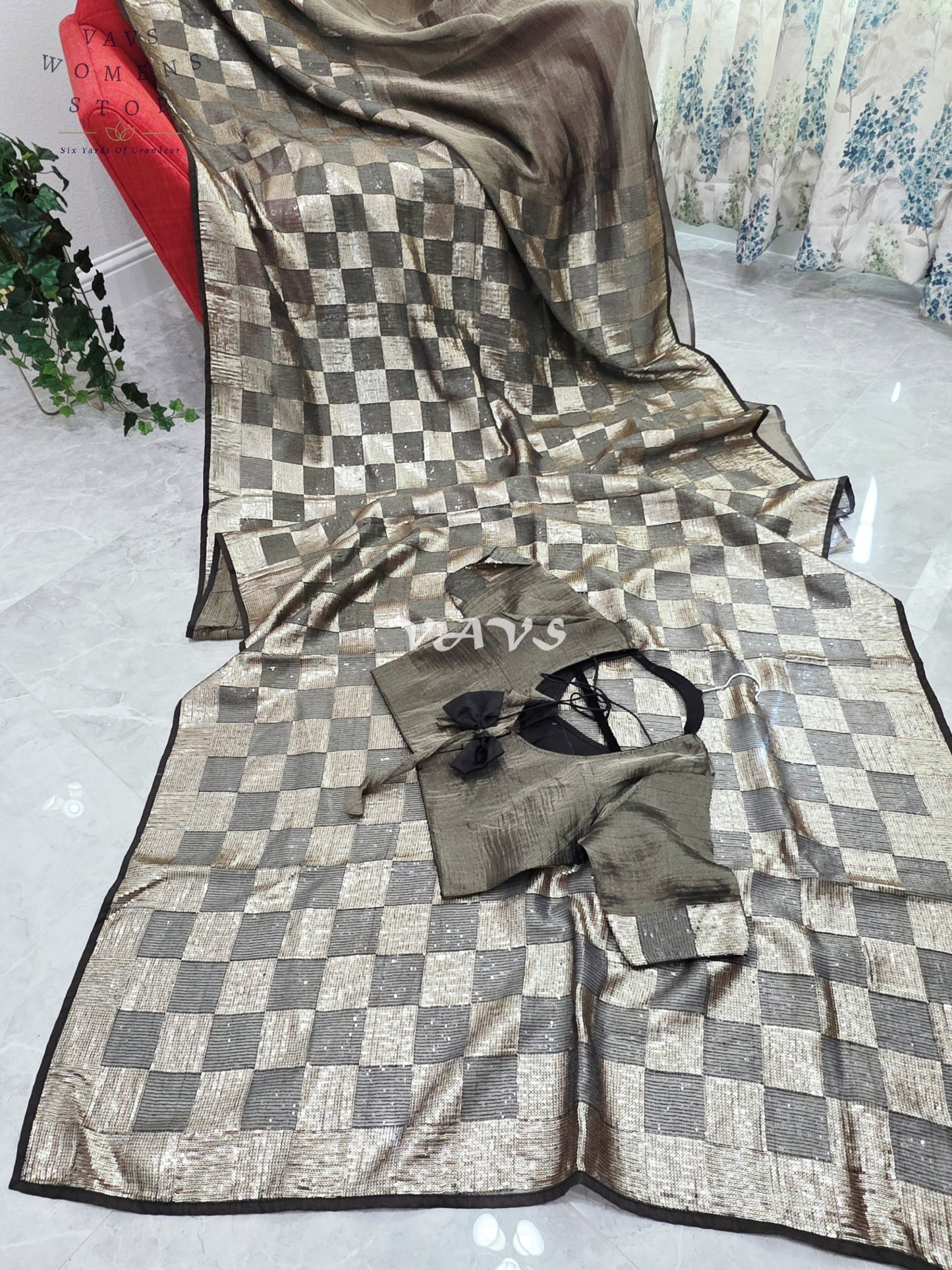 Royal Metallic Black Premium Tissue Checkered Sequins Saree with Designer Stitched Blouse