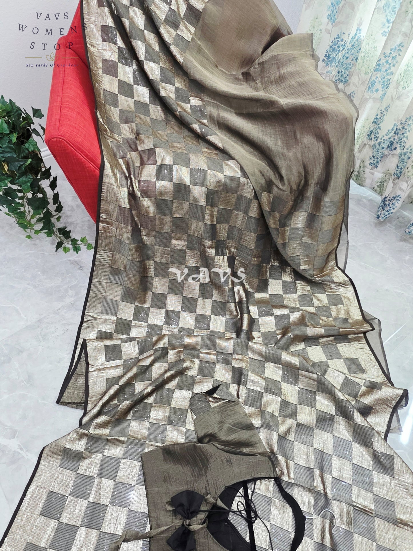 Royal Metallic Black Premium Tissue Checkered Sequins Saree with Designer Stitched Blouse