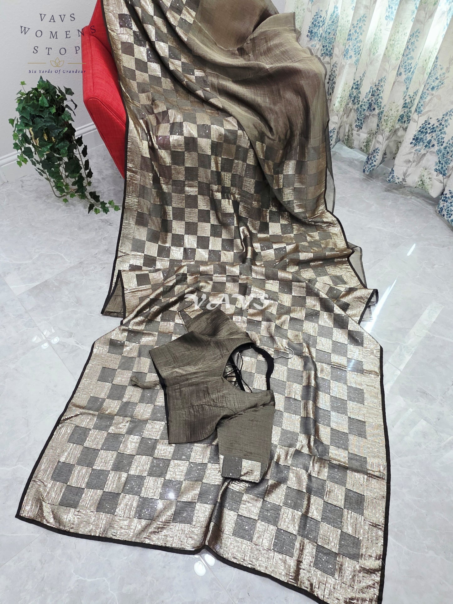 Royal Metallic Black Premium Tissue Checkered Sequins Saree with Designer Stitched Blouse