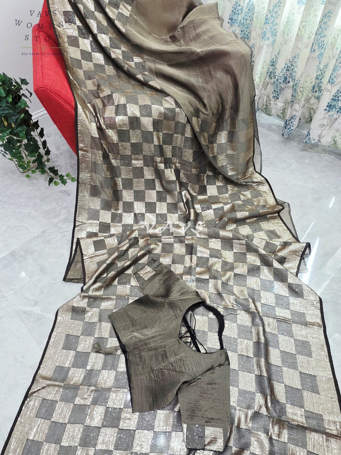 Royal Metallic Black Premium Tissue Checkered Sequins Saree with Designer Stitched Blouse