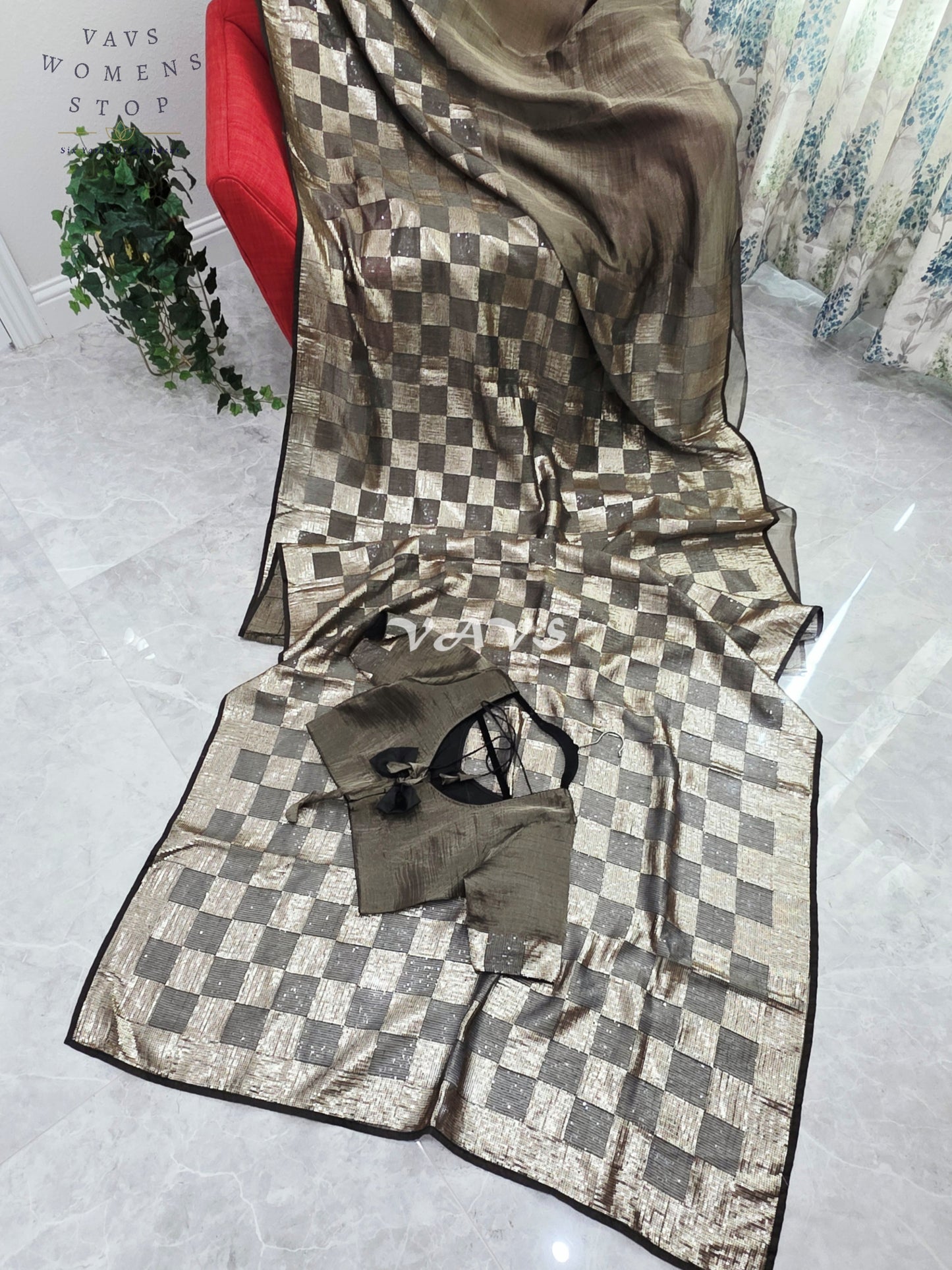 Royal Metallic Black Premium Tissue Checkered Sequins Saree with Designer Stitched Blouse