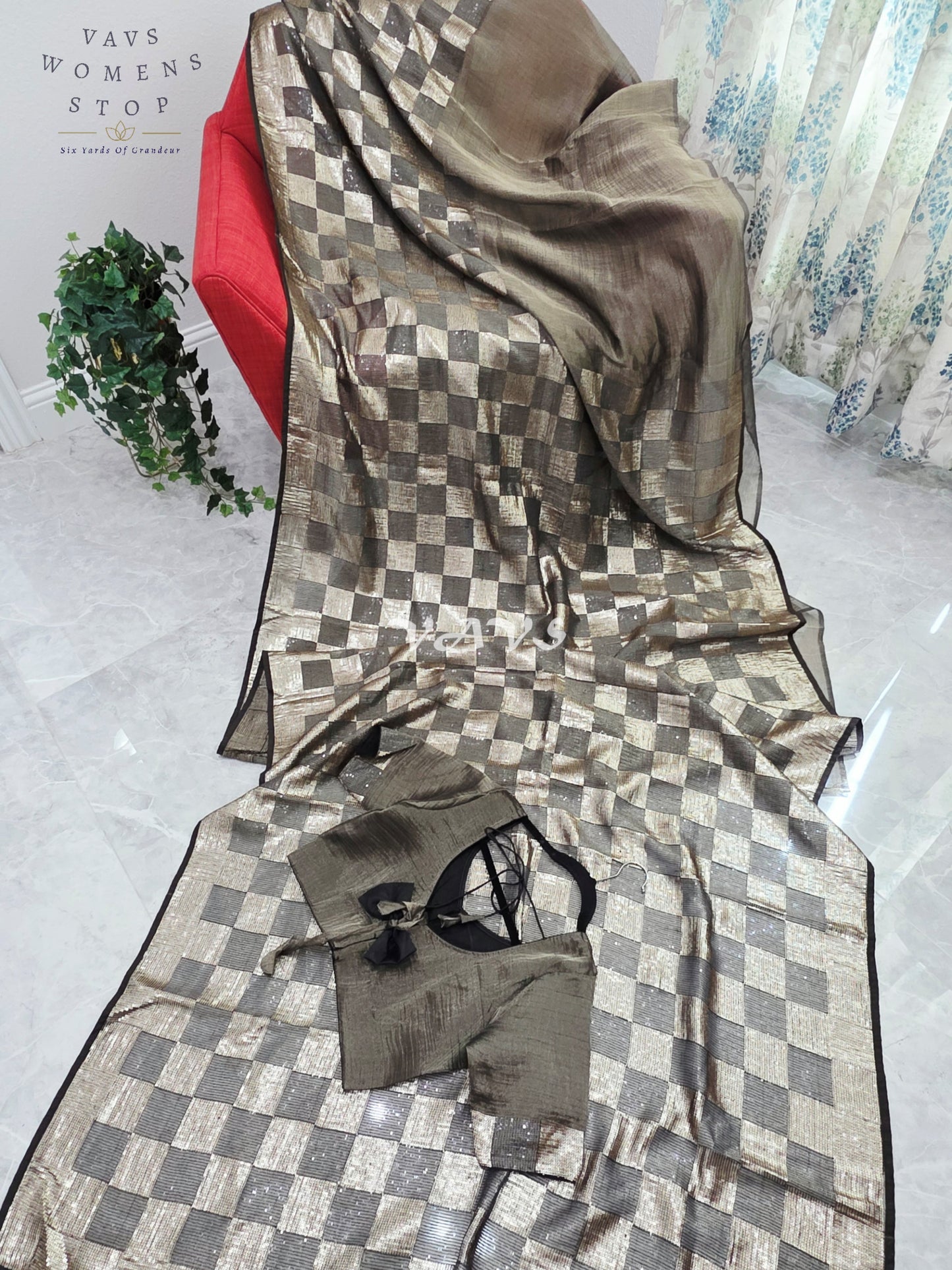 Royal Metallic Black Premium Tissue Checkered Sequins Saree with Designer Stitched Blouse