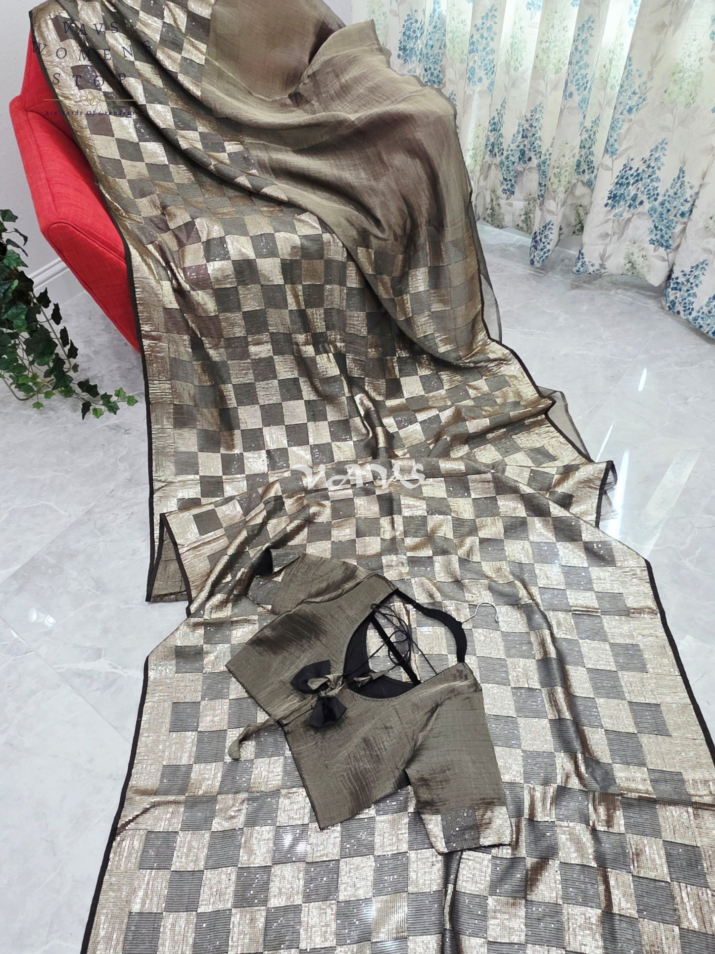 Royal Metallic Black Premium Tissue Checkered Sequins Saree with Designer Stitched Blouse