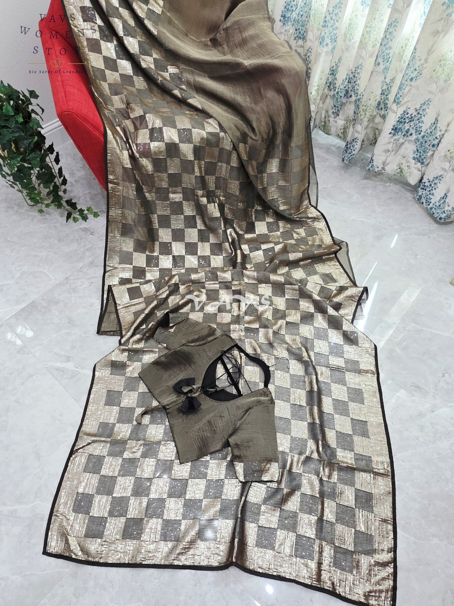 Royal Metallic Black Premium Tissue Checkered Sequins Saree with Designer Stitched Blouse