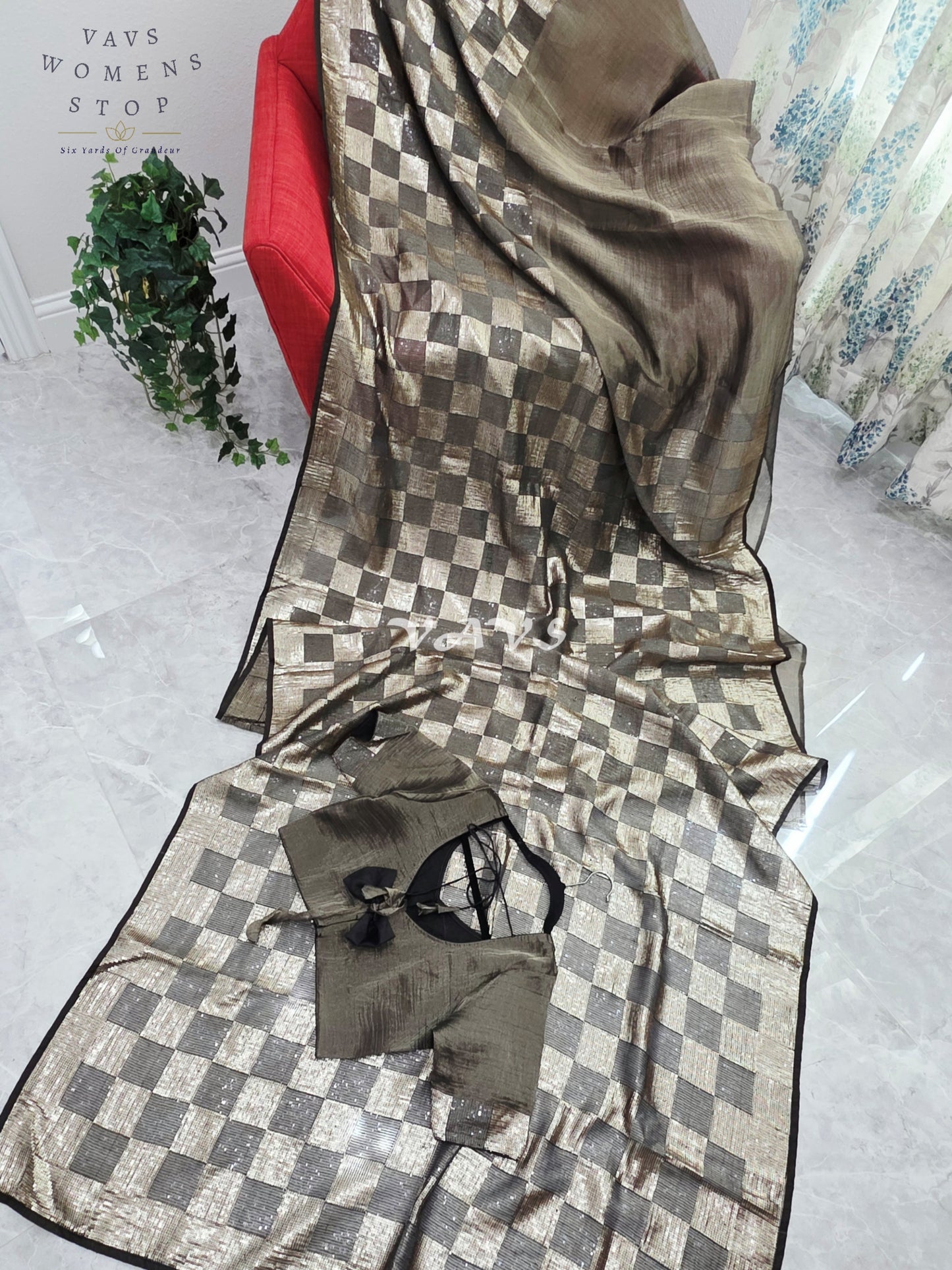 Royal Metallic Black Premium Tissue Checkered Sequins Saree with Designer Stitched Blouse