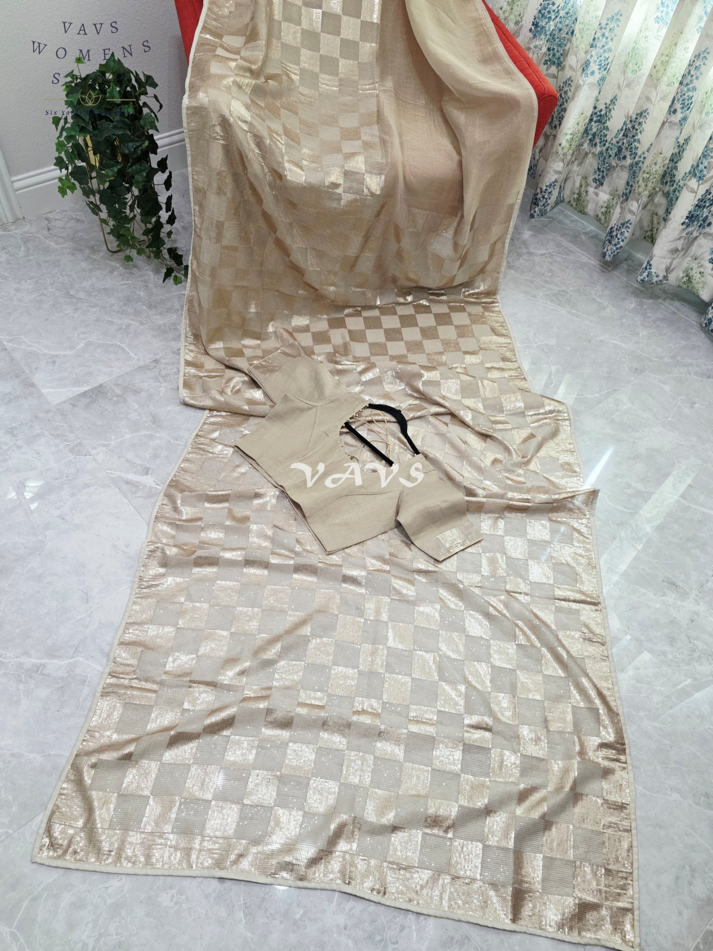 Royal Antique Gold Premium Tissue Checkered Sequins Designer Saree with Tailored Blouse