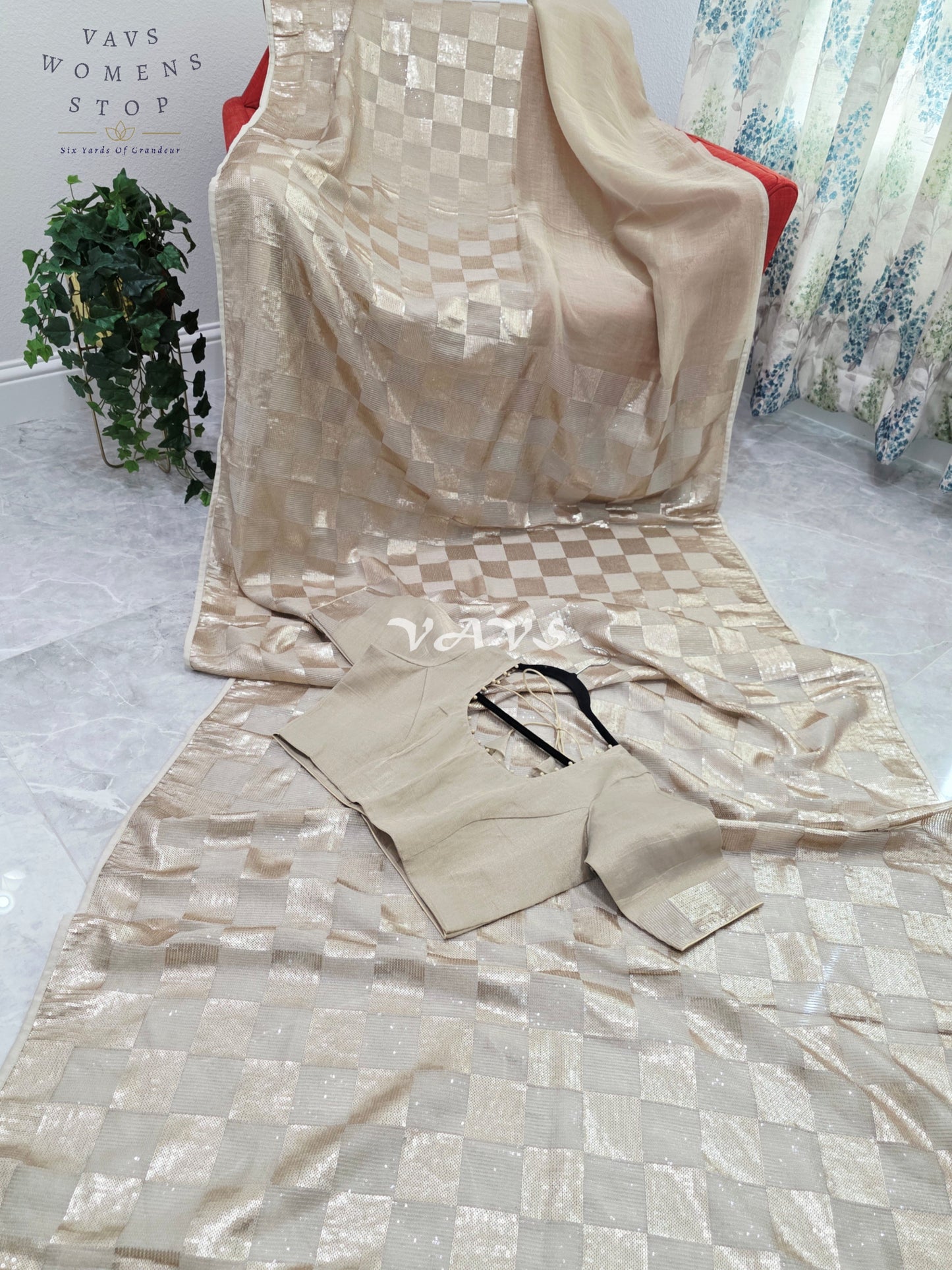 Royal Antique Gold Premium Tissue Checkered Sequins Designer Saree with Tailored Blouse
