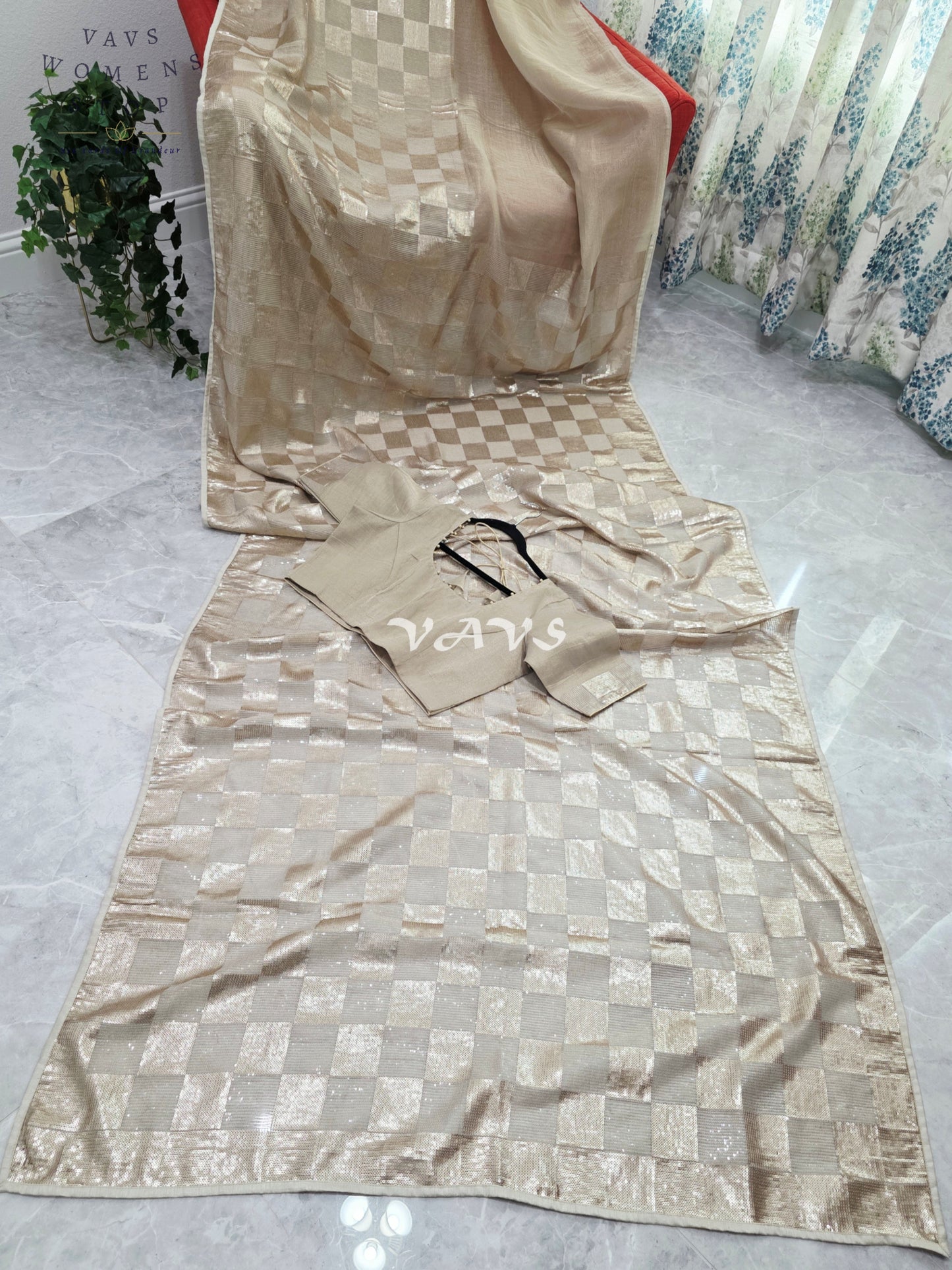 Royal Antique Gold Premium Tissue Checkered Sequins Designer Saree with Tailored Blouse