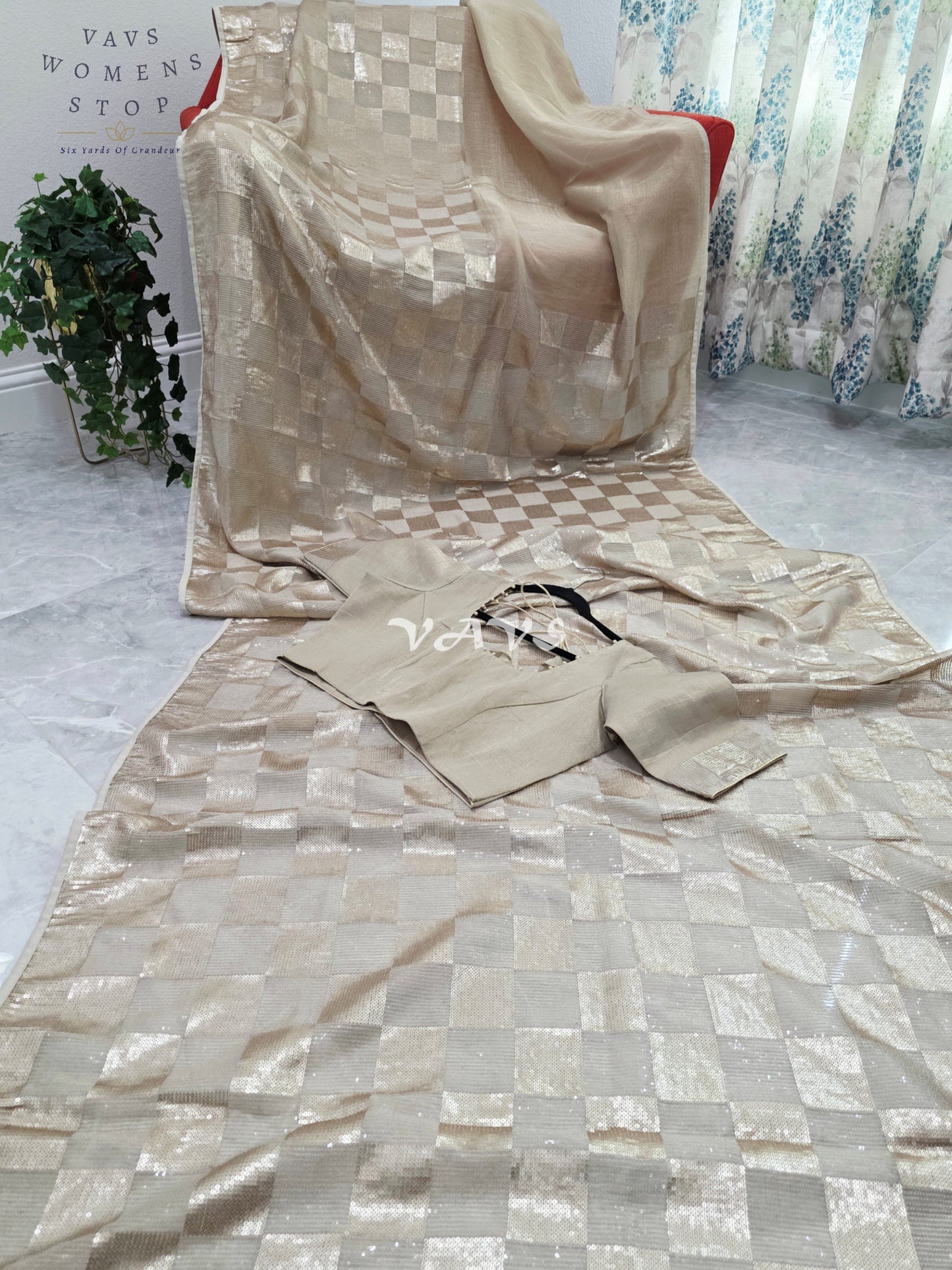 Royal Antique Gold Premium Tissue Checkered Sequins Designer Saree with Tailored Blouse
