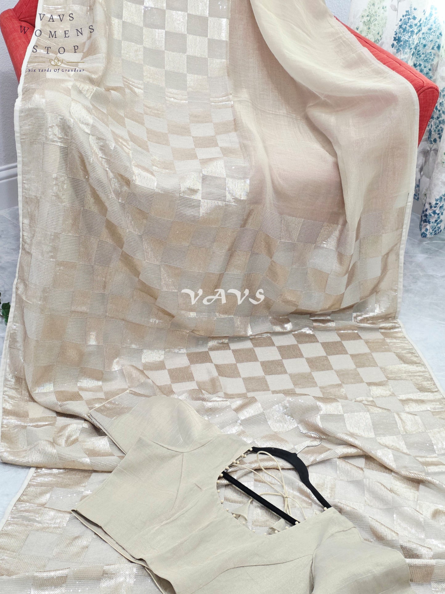 Royal Antique Gold Premium Tissue Checkered Sequins Designer Saree with Tailored Blouse