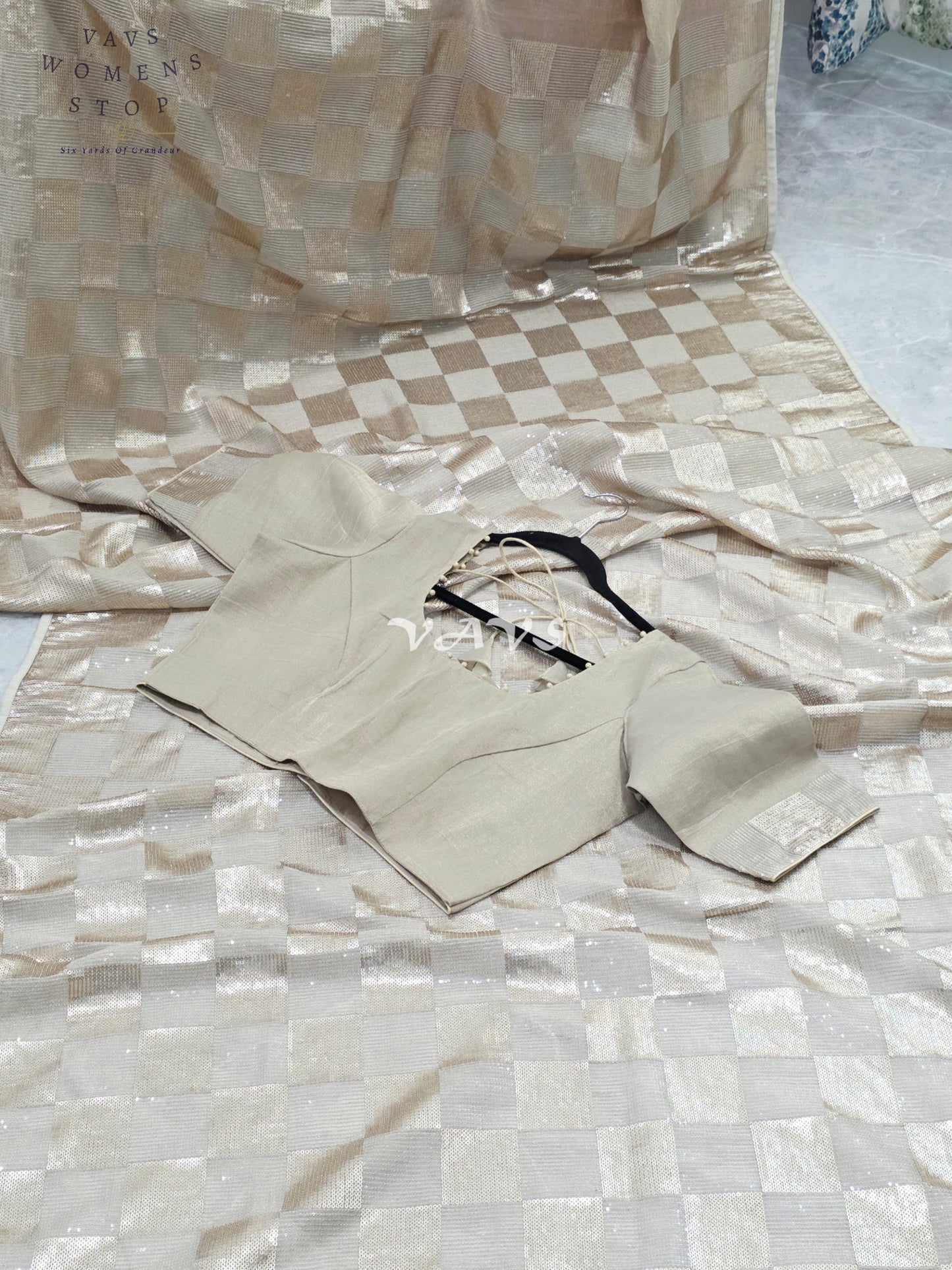 Royal Antique Gold Premium Tissue Checkered Sequins Designer Saree with Tailored Blouse
