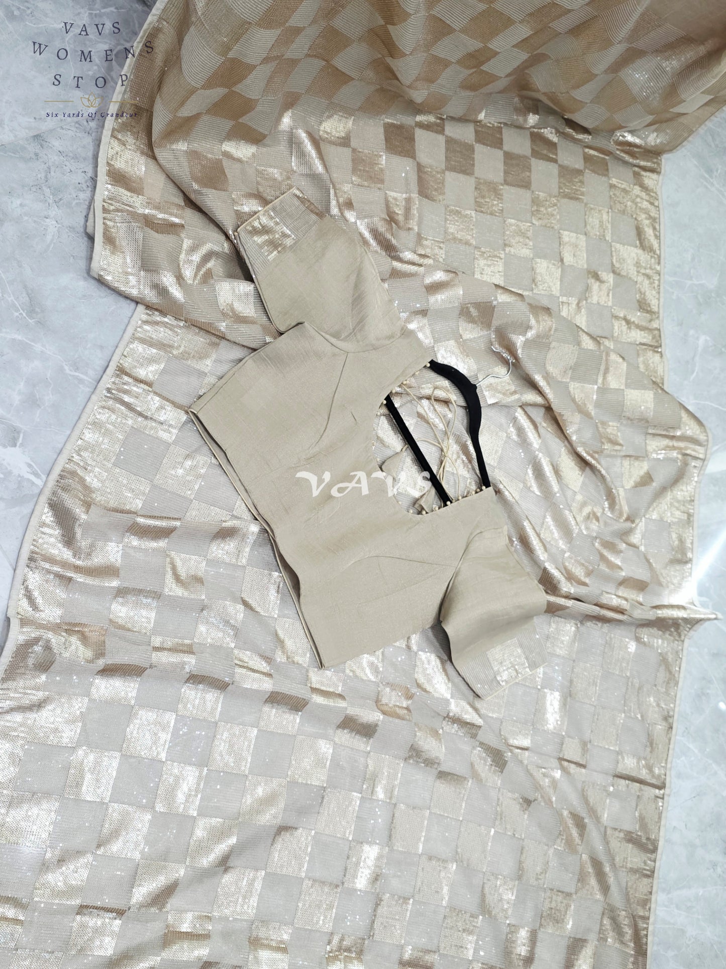 Royal Antique Gold Premium Tissue Checkered Sequins Designer Saree with Tailored Blouse