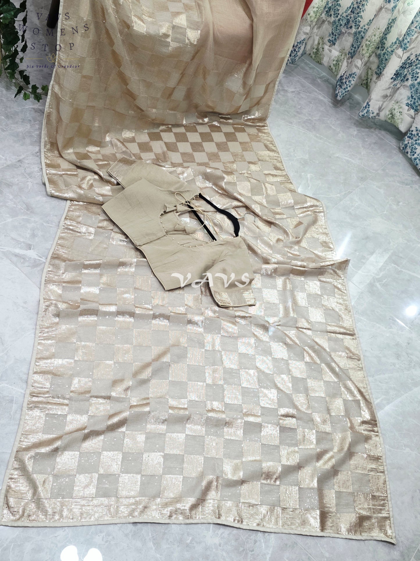 Royal Antique Gold Premium Tissue Checkered Sequins Designer Saree with Tailored Blouse