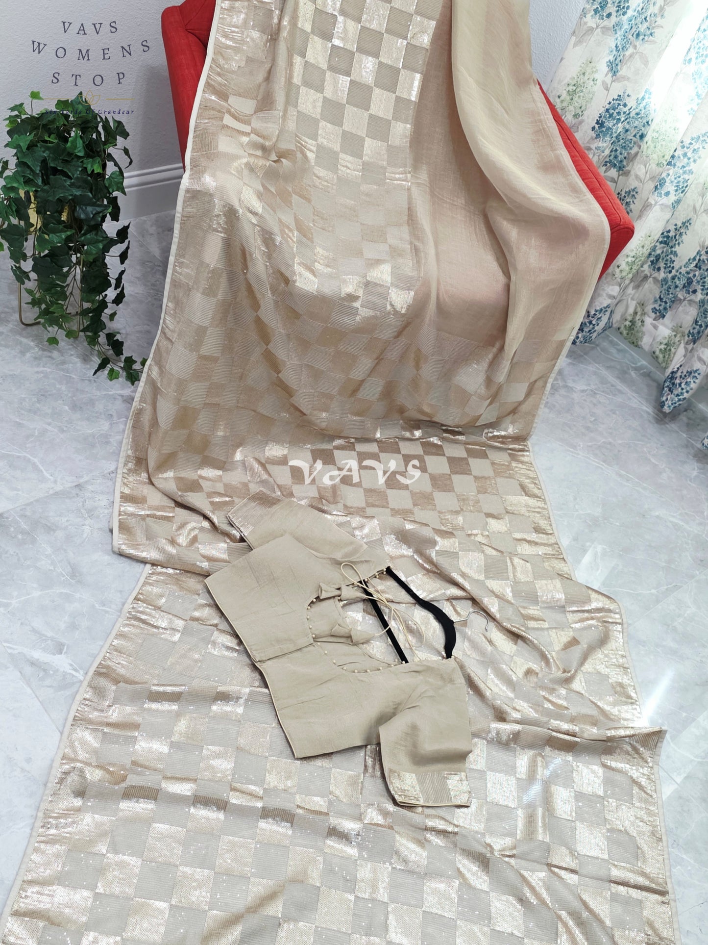 Royal Antique Gold Premium Tissue Checkered Sequins Designer Saree with Tailored Blouse