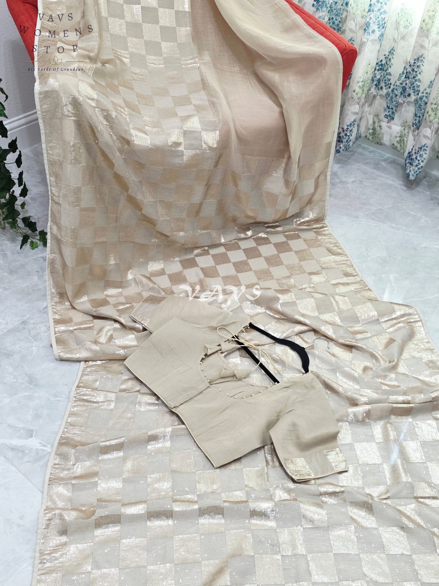 Royal Antique Gold Premium Tissue Checkered Sequins Designer Saree with Tailored Blouse