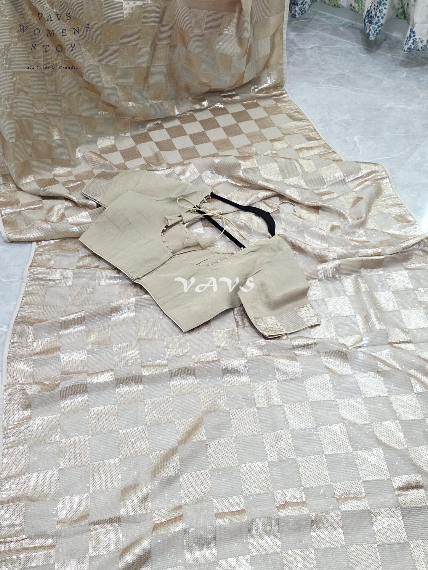 Royal Antique Gold Premium Tissue Checkered Sequins Designer Saree with Tailored Blouse