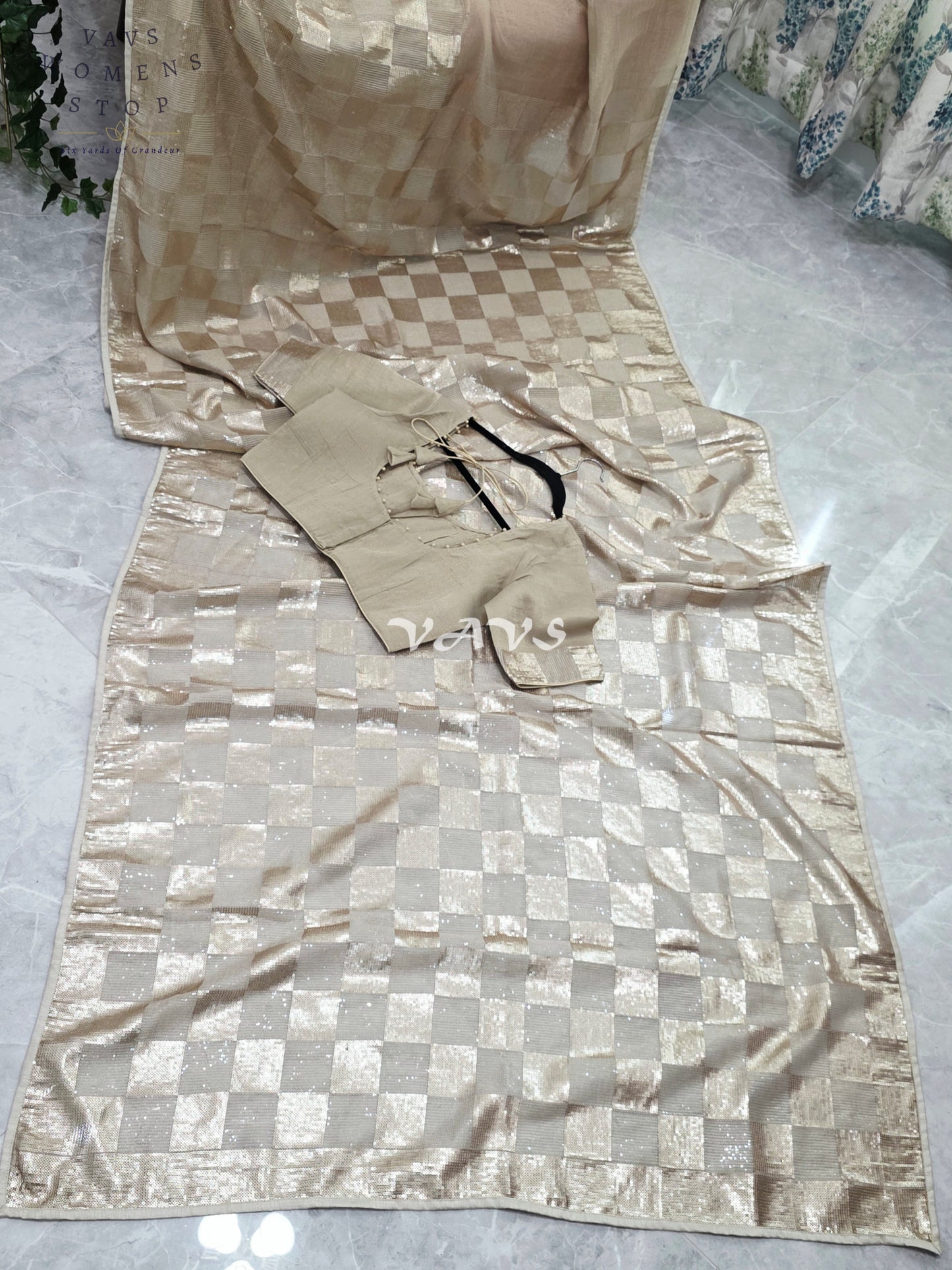 Royal Antique Gold Premium Tissue Checkered Sequins Designer Saree with Tailored Blouse
