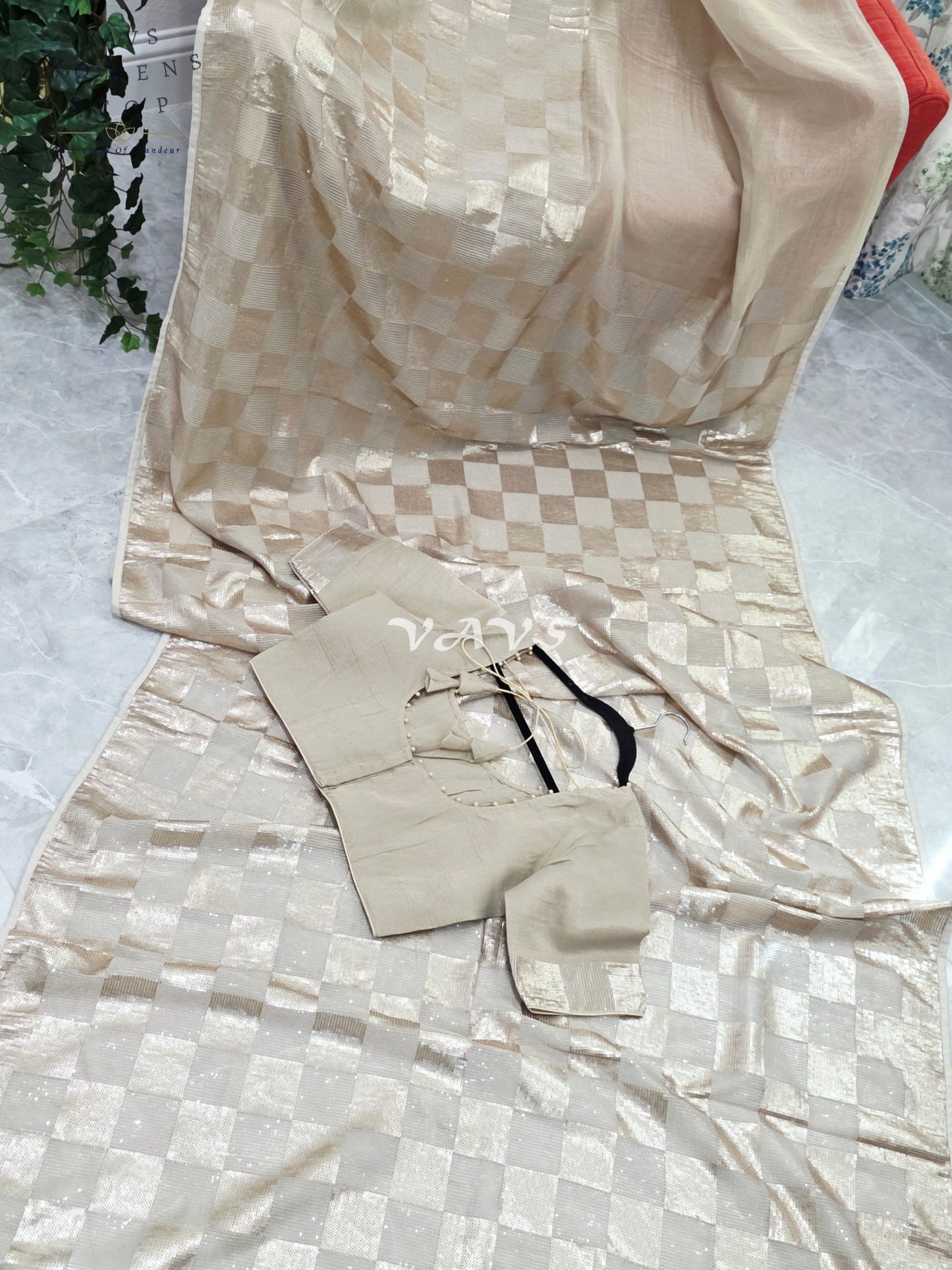 Royal Antique Gold Premium Tissue Checkered Sequins Designer Saree with Tailored Blouse