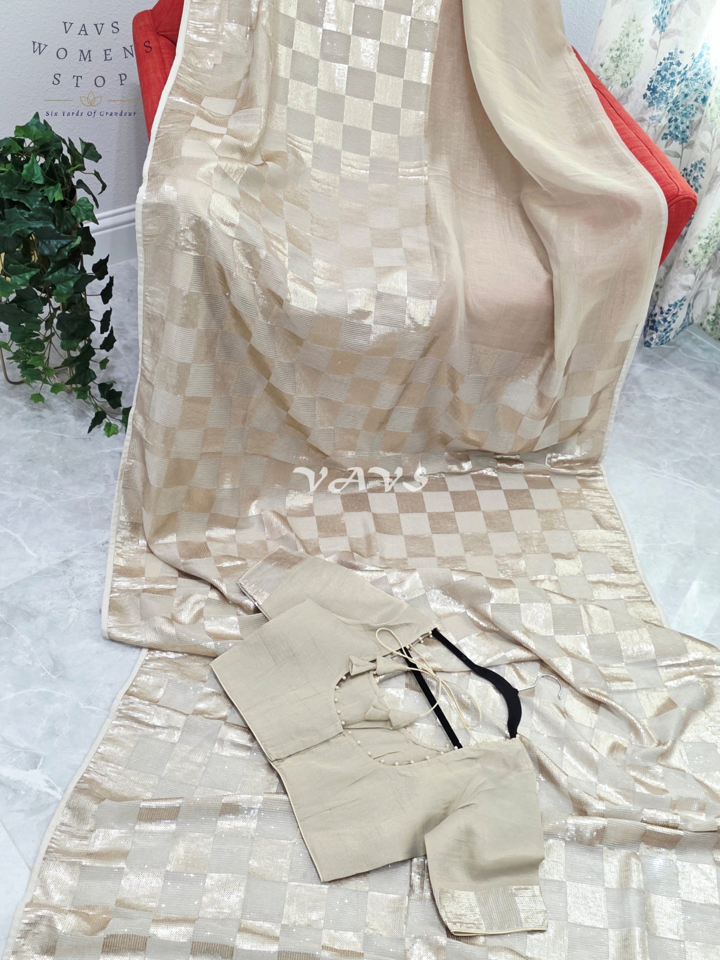Royal Antique Gold Premium Tissue Checkered Sequins Designer Saree with Tailored Blouse