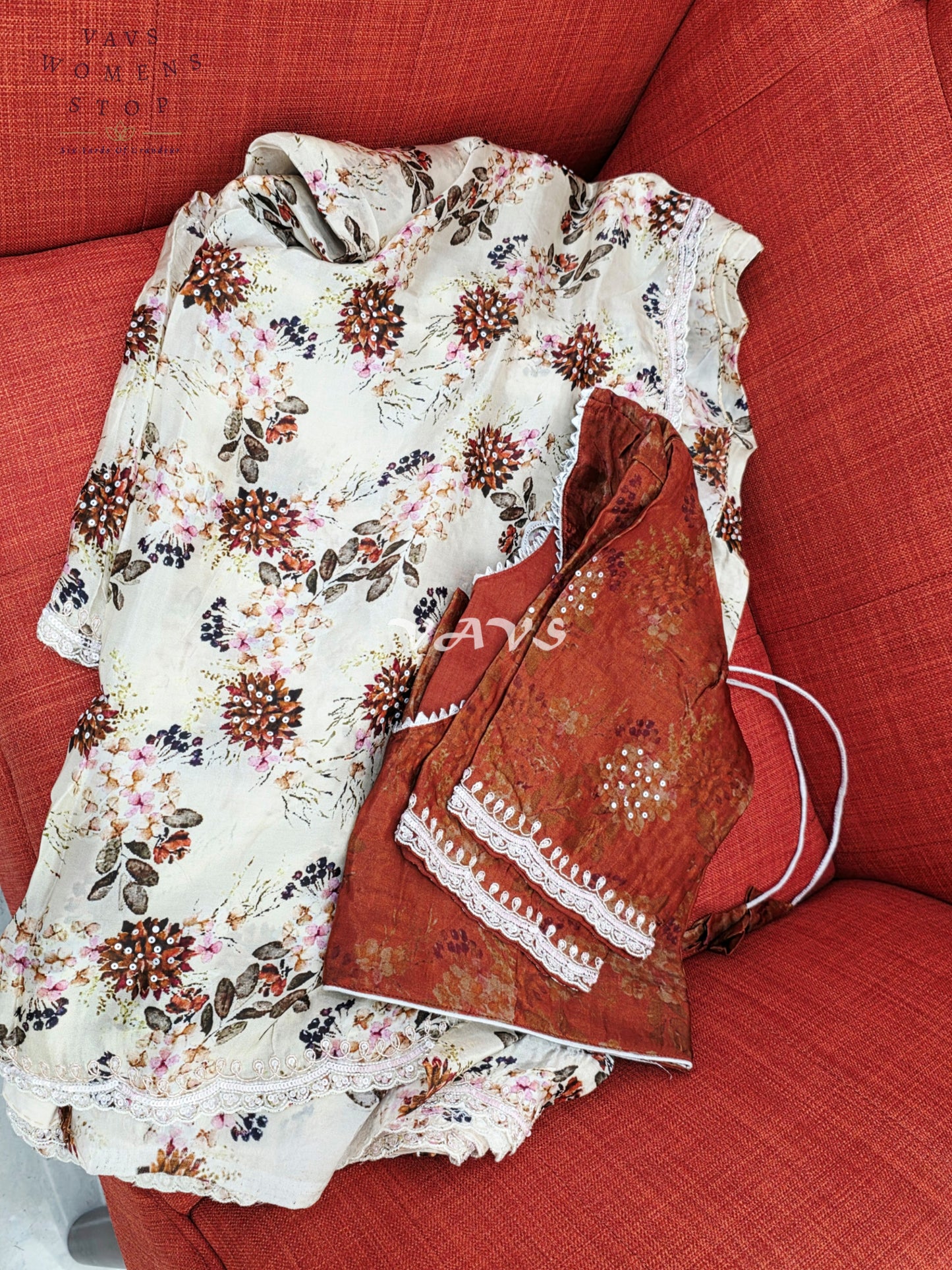 Royal Ivory Sand Pure Crepe Floral Saree with Burnished Rust Stitched Blouse & Scalloped Lace Border