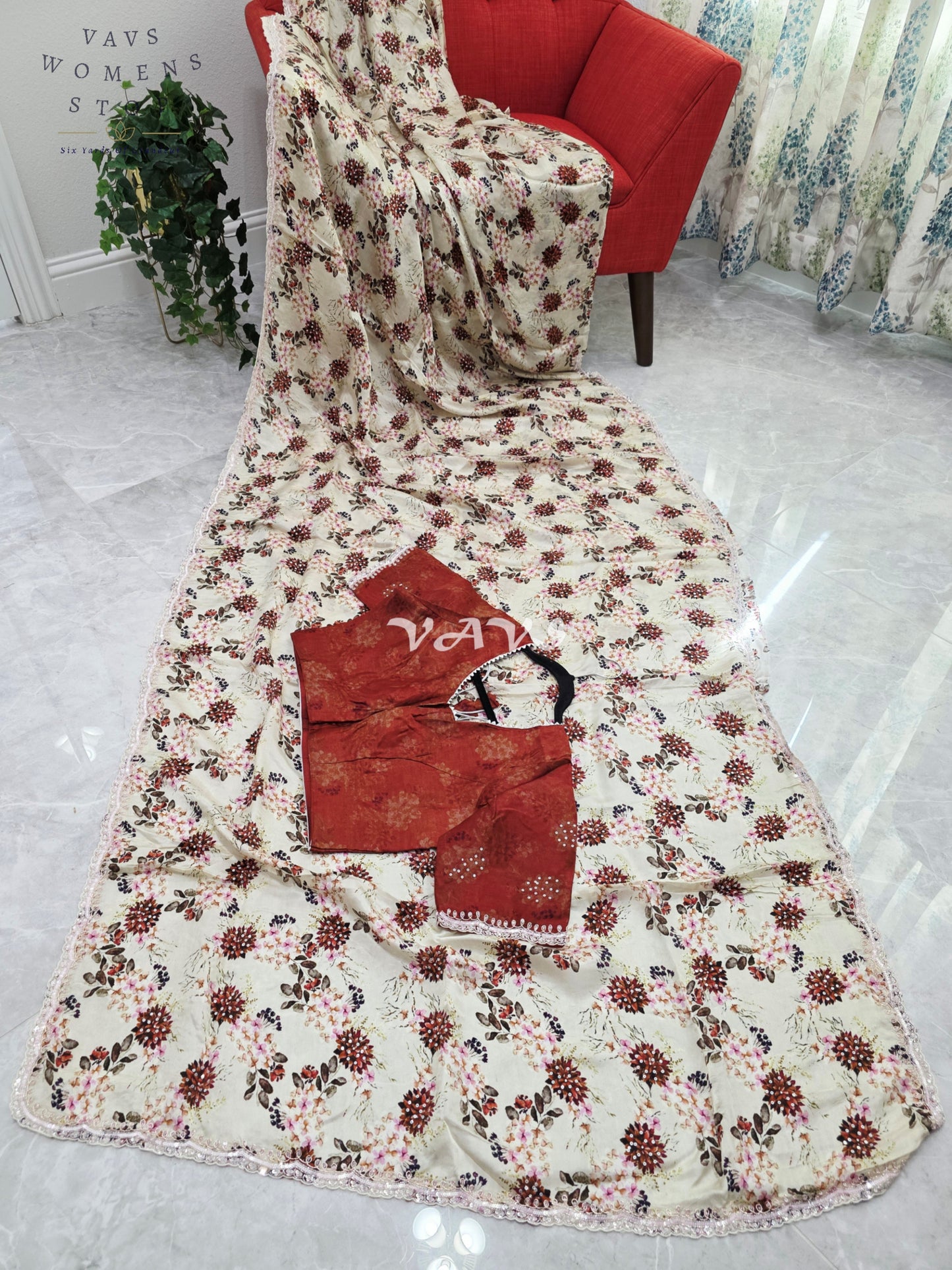 Royal Ivory Sand Pure Crepe Floral Saree with Burnished Rust Stitched Blouse & Scalloped Lace Border