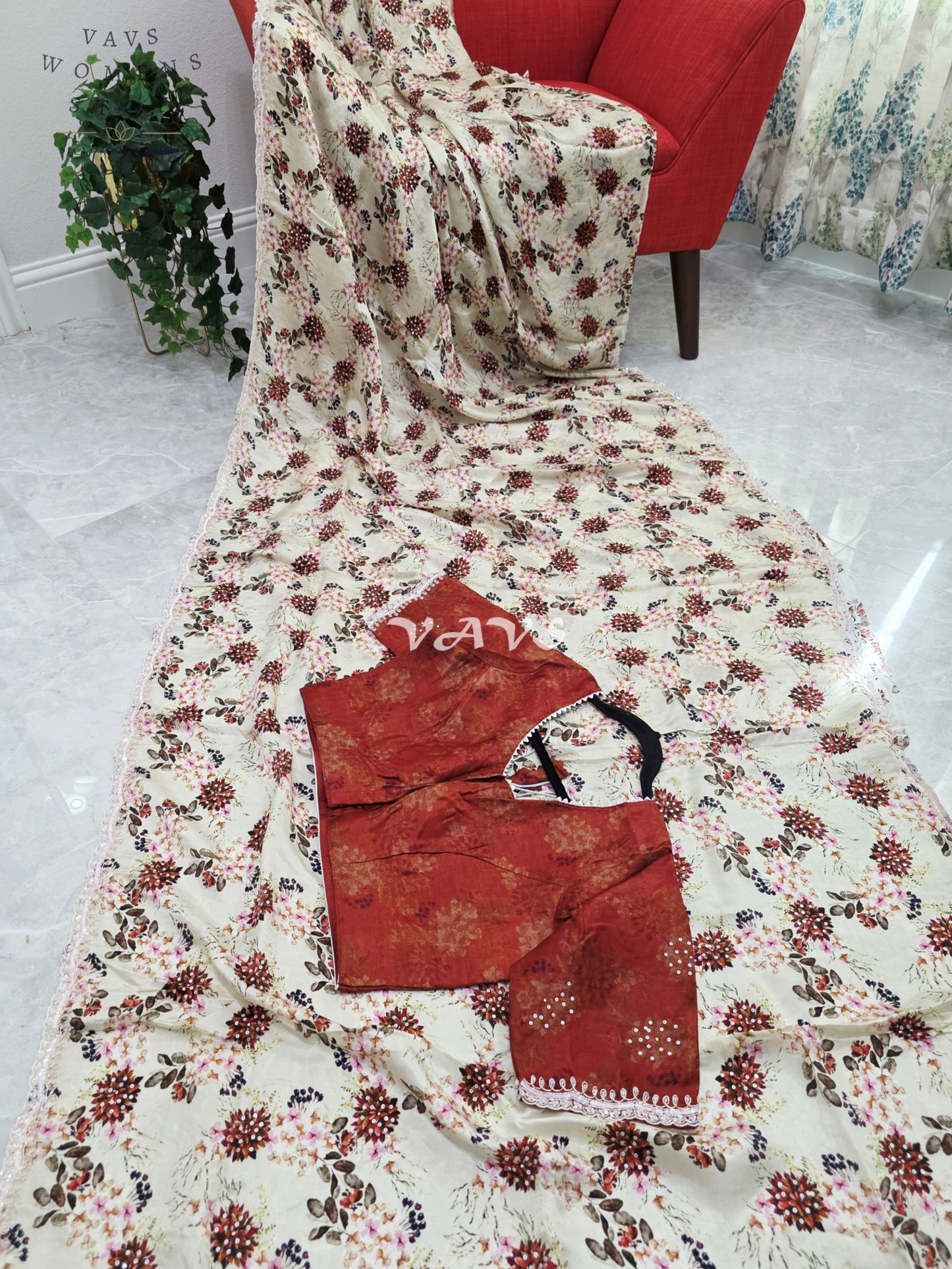 Royal Ivory Sand Pure Crepe Floral Saree with Burnished Rust Stitched Blouse & Scalloped Lace Border
